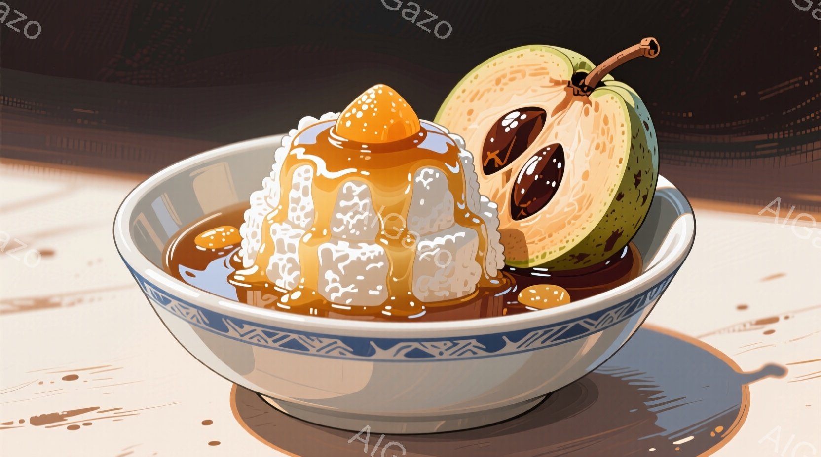 陶器の茶碗に、カットされたメロンと、シロップをかけられた白玉が盛られています。メロンは半分にカットされ、種が見え、白玉はシロップで光沢があり、茶碗の中央に積み上げられています。背景は暗い木製のテーブルで、全体的に甘くて涼しげな印象を与えます。