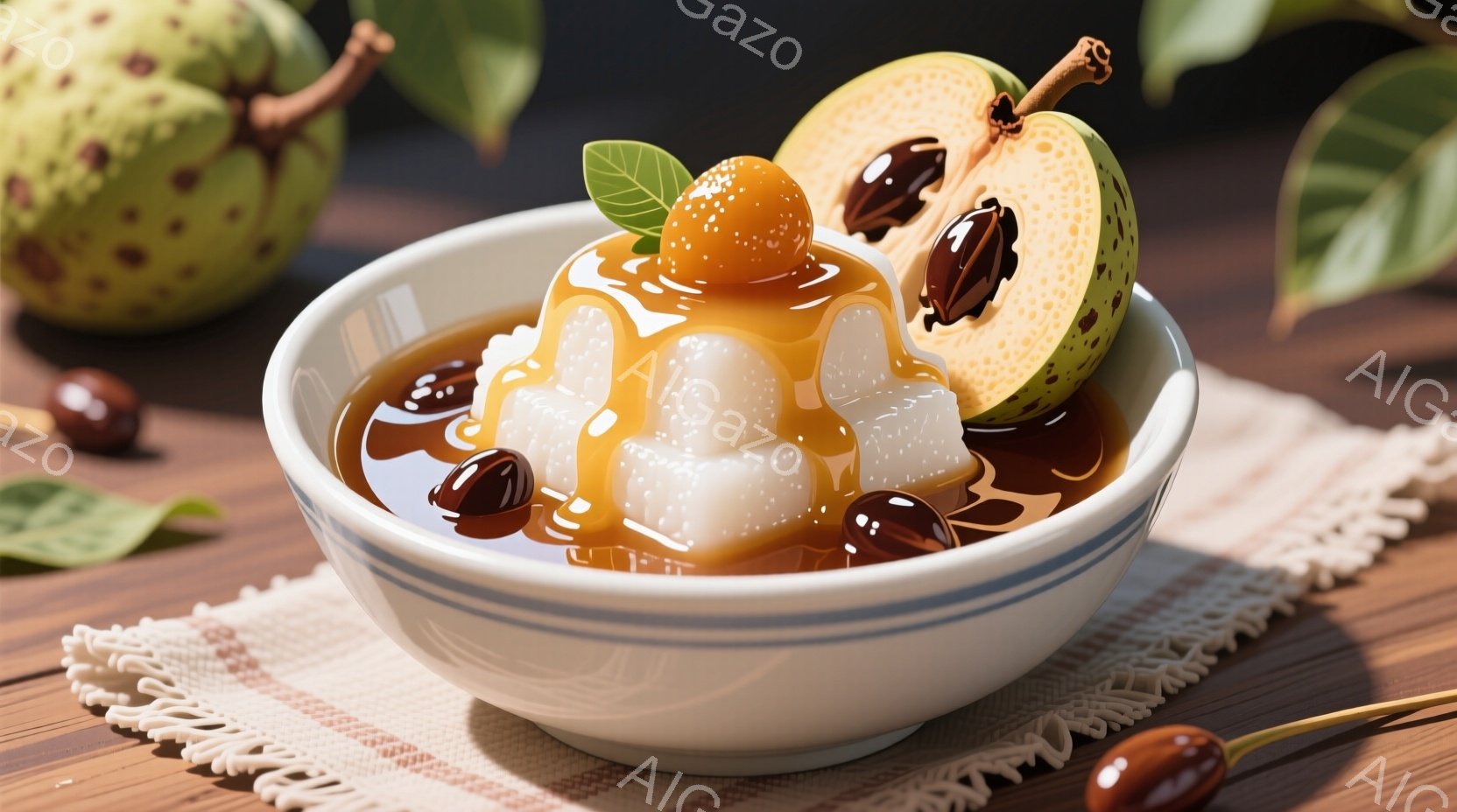 白い丼に、透明なゼリーのような食べ物が盛られ、茶色いソースがかけられています。さらに、オレンジ色の丸い果物と、緑色の斑点のある果物の半身が添えられており、全体的に甘くて爽やかなデザートを思わせます。背景には木製のテーブルと白いレース編みの敷物が敷かれており、自然光の下で美味しさを引き立てています。