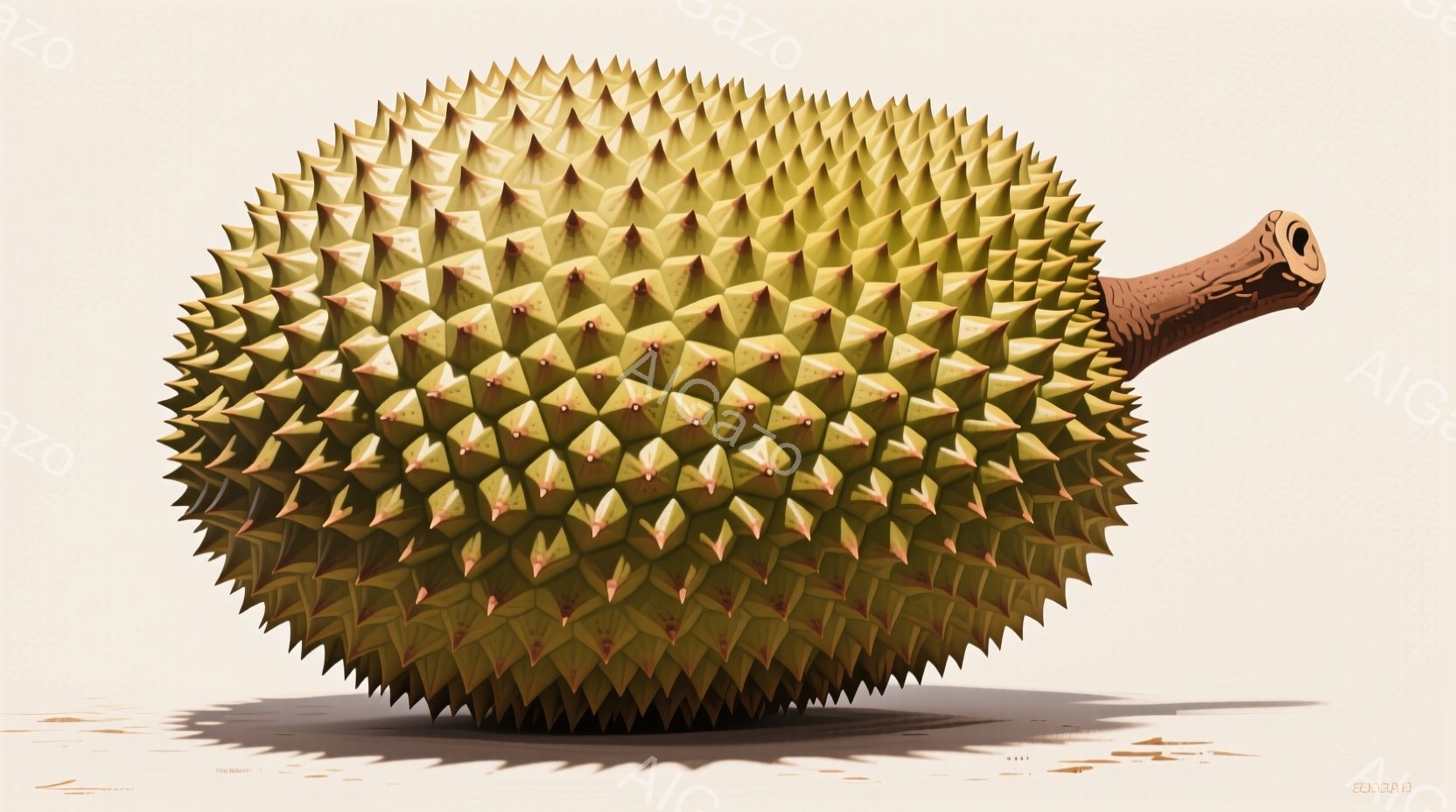 画像はドリアンのクローズアップで、表面は鋭い棘で覆われています。果実は丸みを帯びており、茶色い茎が付いています。背景は淡いベージュ色で、ドリアンの下に影が落ちています。 - AI生成フリー素材