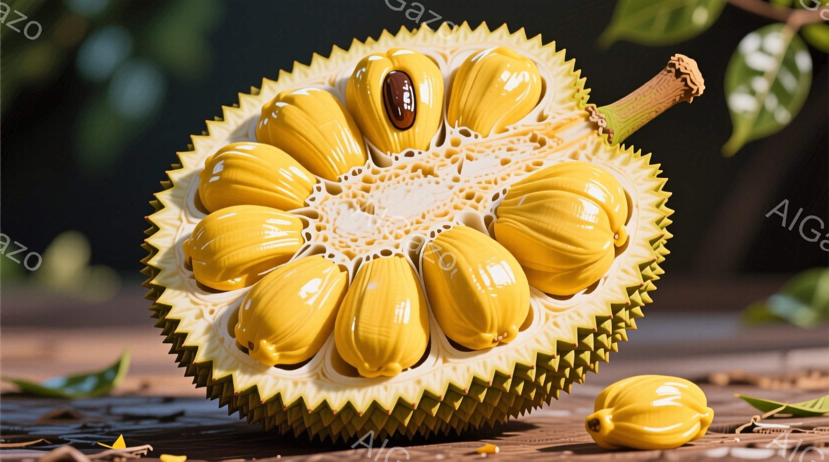 ドリアンの断面が写っており、黄金色の果肉が規則的に並んでいるのが特徴的です。果肉は光沢があり、みずみずしい印象を与え、背景には緑の葉がわずかに見え、自然な雰囲気を醸し出しています。全体的に、果物の豊か - AI生成フリー素材