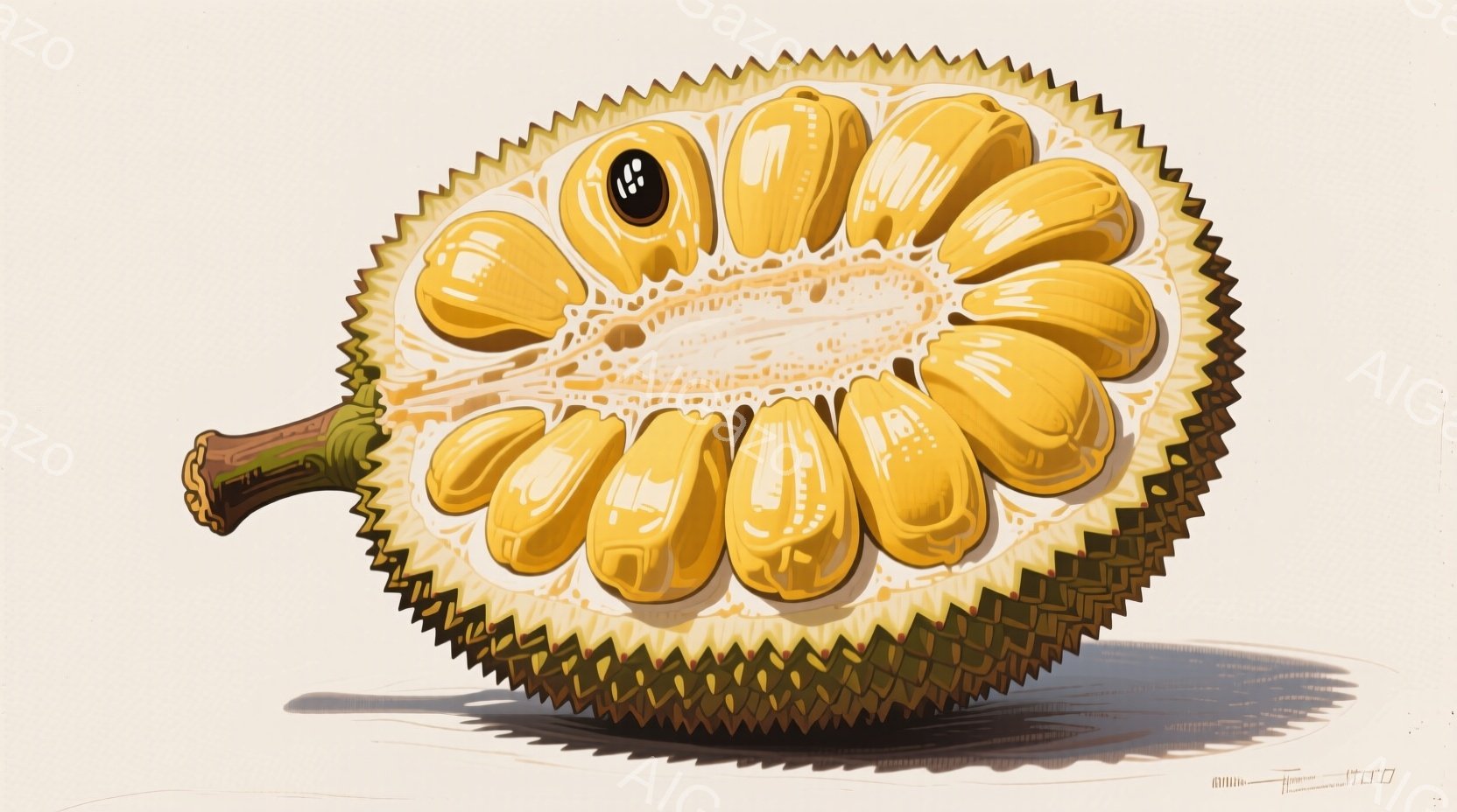 画像は半分に切られたドリアンの断面図であり、黄色い果肉が放射状に並んでいる様子が詳細に描かれている。果肉は艶やかでジューシーに見え、種は暗色でコントラストが強い。背景は白く、影がドリアンの下に落とされ - AI生成フリー素材