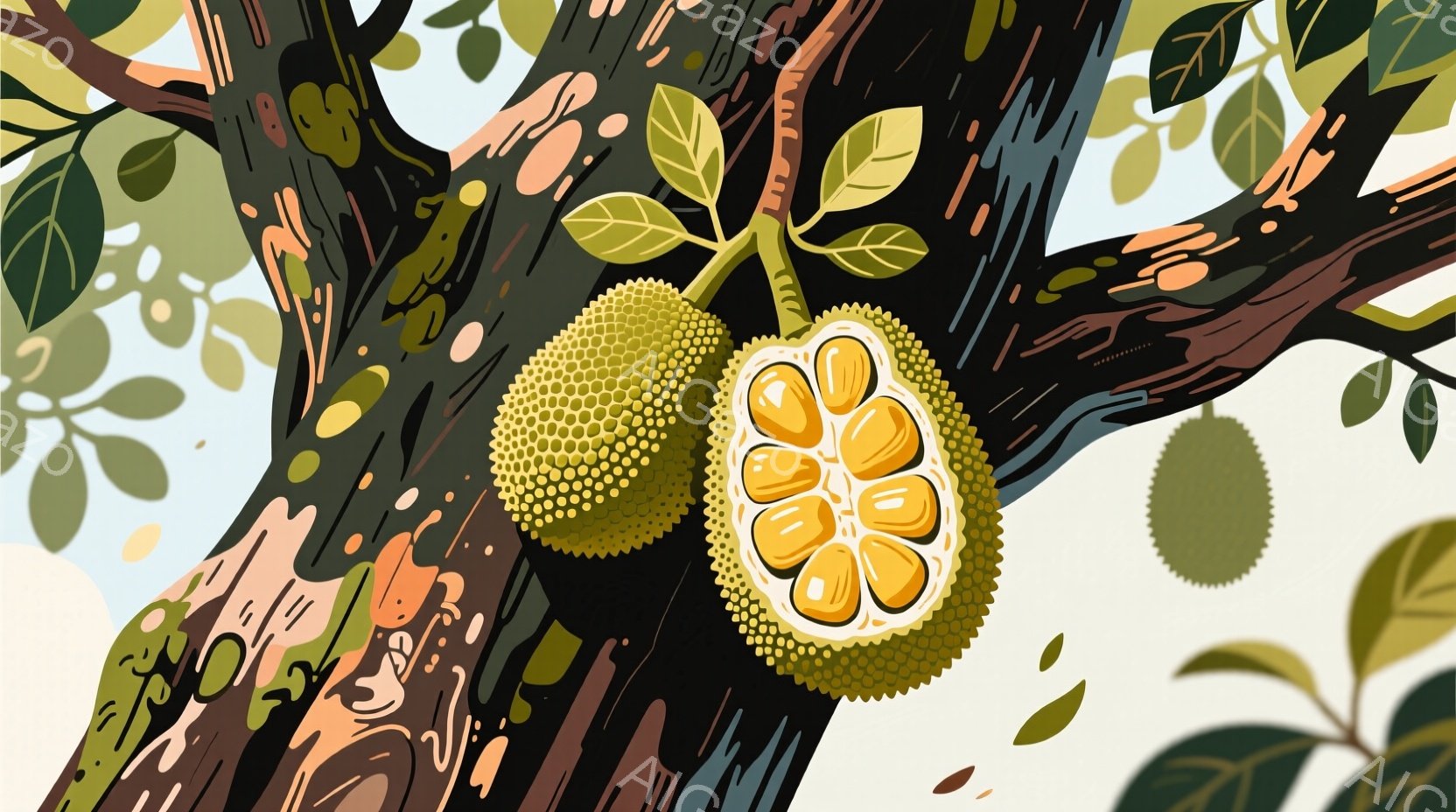 ドリアンが木の枝に実っている様子を描いています。実の一つは半分に割れて、中から黄色い果肉が見えており、もう一つは表面の棘がはっきりとしています。背景には、緑の葉と明るい空が描かれ、全体的に暖かく、トロピカルな雰囲気が漂っています。