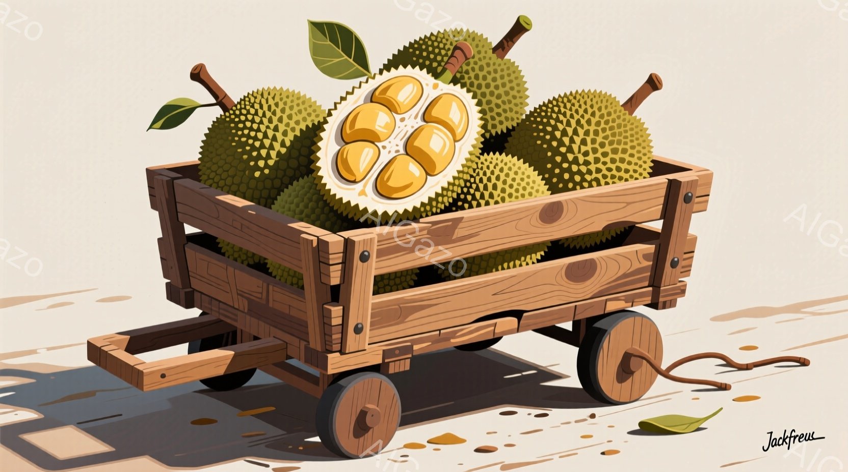 木製のカートにドリアンが山積みにされている様子を描いています。カートは素朴なデザインで、ドリアンの一つは半分に割れて、中身の果肉が露わになっています。地面にはドリアンの皮や果肉が散らばっており、全体的 - AI生成フリー素材