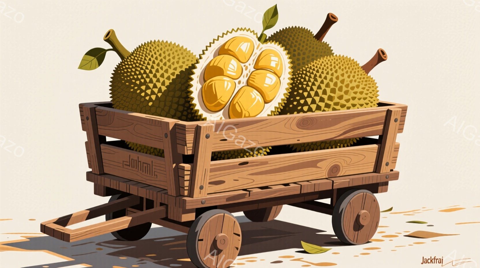 粗末な木製の荷車にドリアンが積まれています。ドリアンは割れており、中から黄色い果肉が露出し、鮮やかなコントラストを描いています。背景はベージュ色で、荷車の影が地面に伸び、素朴で田舎の雰囲気を醸し出して - AI生成フリー素材