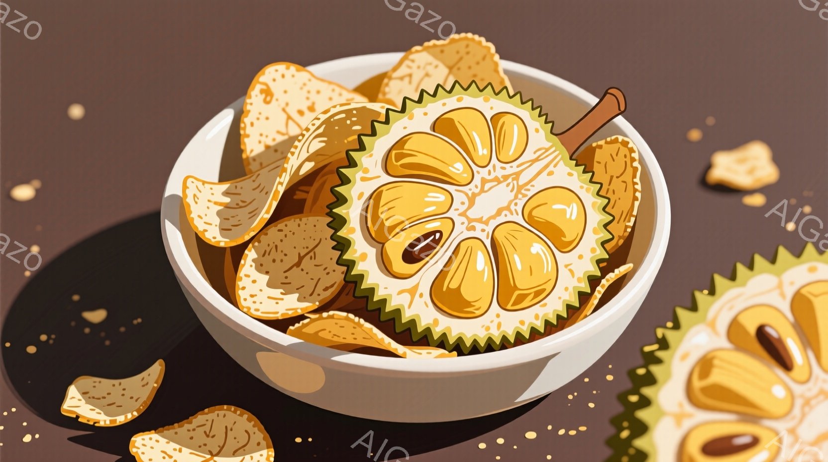 鮮やかな黄色のドリアンが白磁の器に盛り付けられています。周りにはドリアンの果肉が砕けて散らばり、全体的に暖かく、甘い香りが漂うような雰囲気です。背景は落ち着いた茶色で、ドリアンの黄色が際立っています。