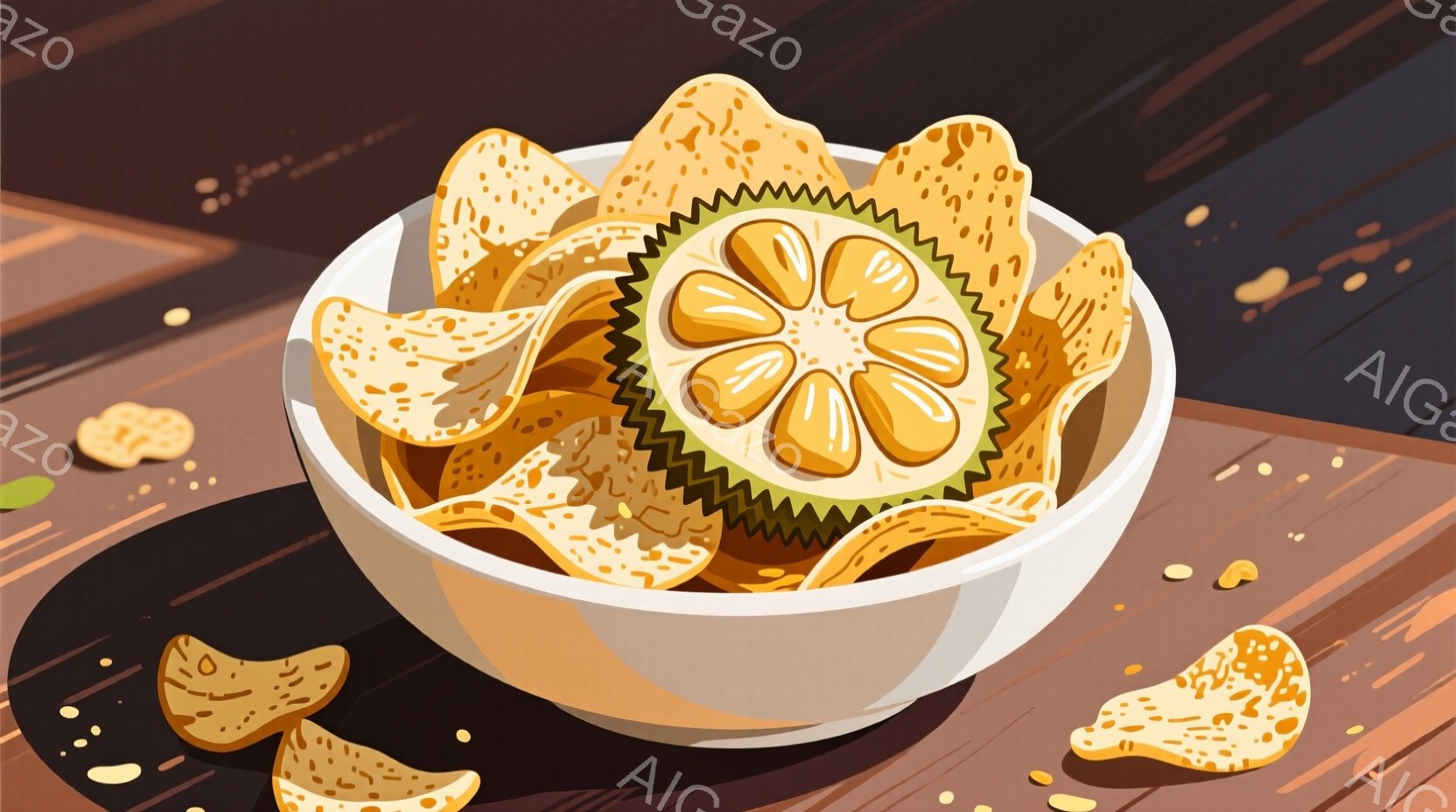 白いお皿に、黄色くてギザギザしたスナック菓子が山のように盛られています。お皿の中央には、ドリアンの半分が置かれており、スナック菓子と異彩を放っています。背景は木目調のテーブルで、全体的に暖色系の色合いで、食欲をそそる雰囲気が漂っています。