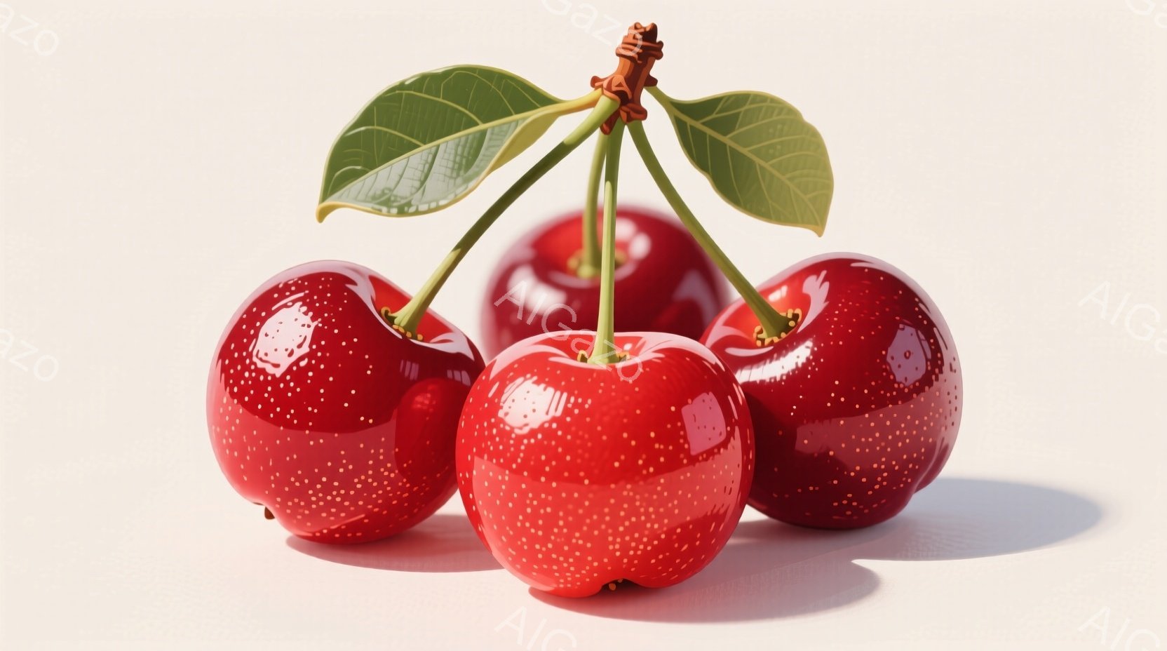 鮮やかな赤いサクランボが茎に繋がり、3つが寄り添うように配置されている。サクランボは光沢があり、表面に小さな白い斑点が見られる。背景は淡いベージュ色で、影が薄く落とされている。 - AI生成フリー素材