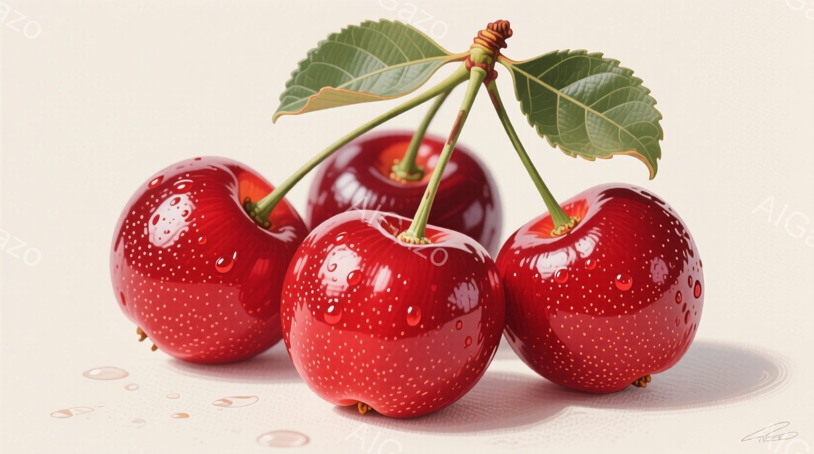 鮮やかな赤色のサクランボが三つ、緑の葉と茎についた状態で描かれている。表面には水滴が光っており、サクランボの丸みと光沢が強調されている。背景は淡い色調で、水滴がいくつか点在しており、全体的に瑞々しく、美味しそうな雰囲気を醸し出している。