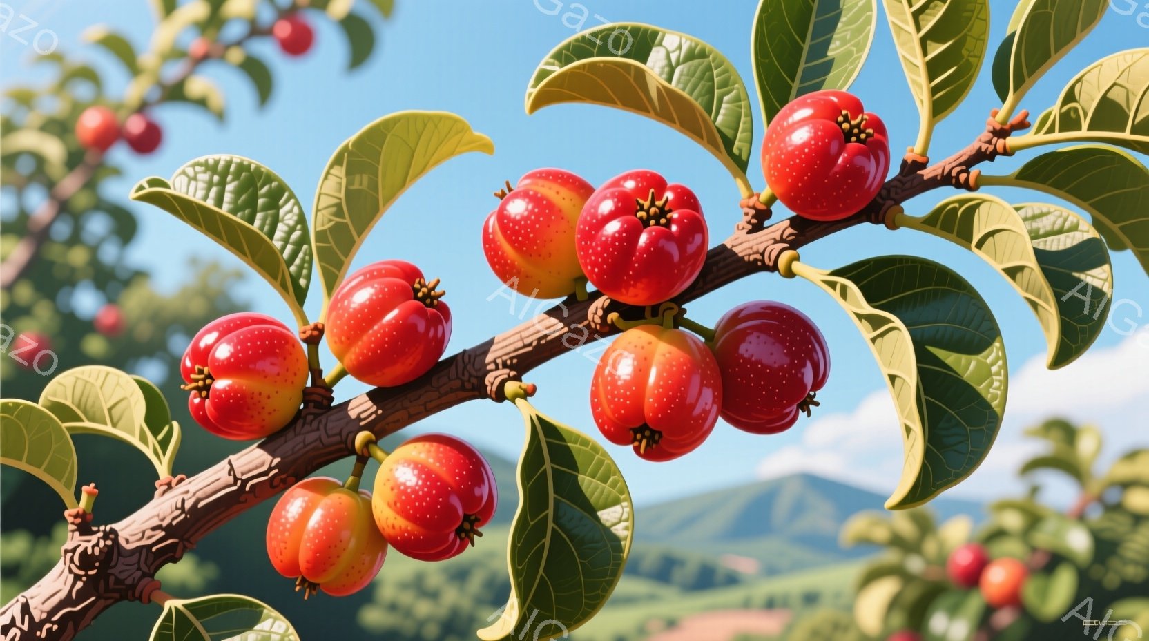 鮮やかな赤い実が枝に密集してぶら下がっており、緑色の葉がその周りを彩っています。背景にはぼやけた丘陵地帯と青空が広がり、暖かく穏やかな夏の日のような雰囲気です。実の表面は光沢があり、鮮やかで美味しそうに見えます。