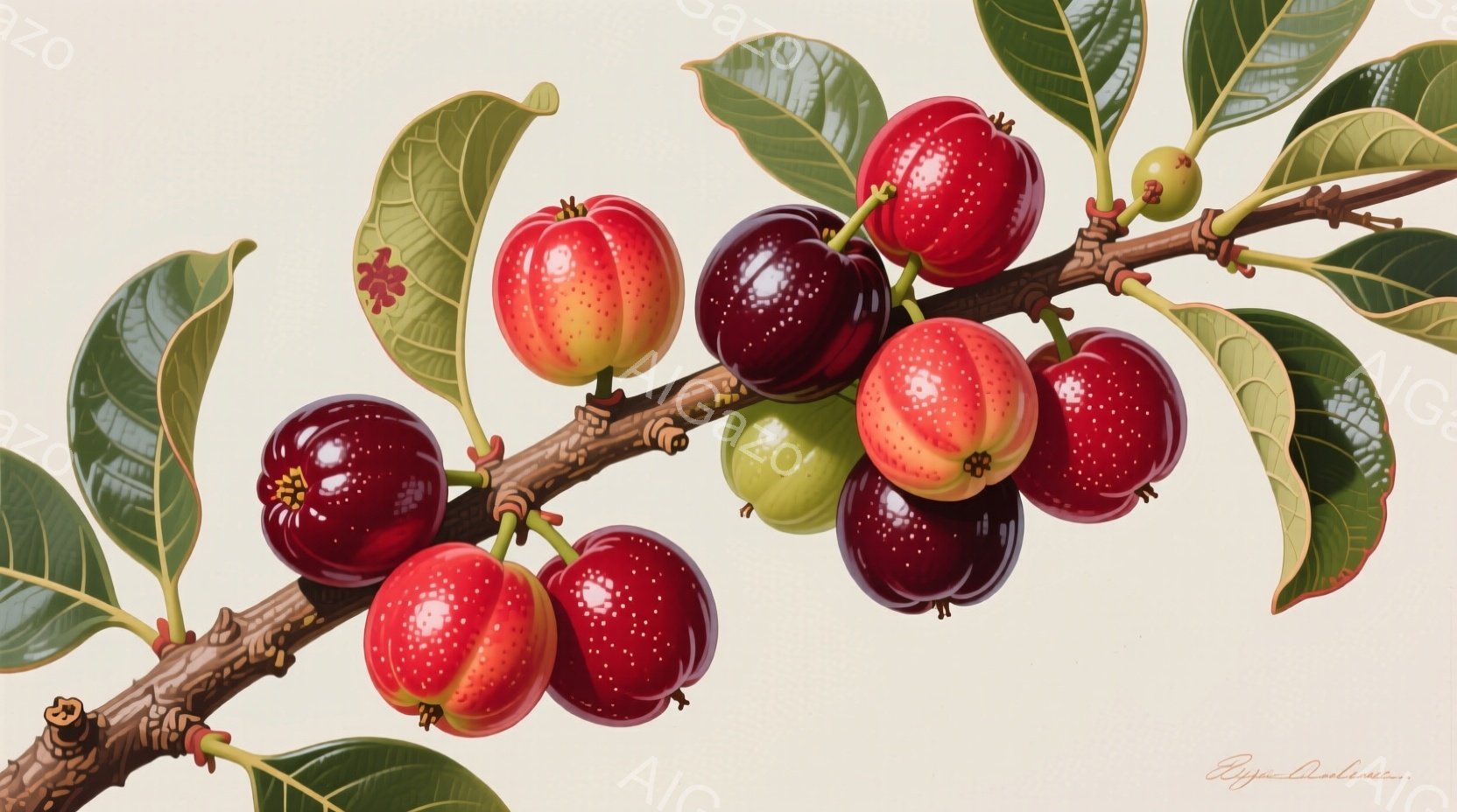 鮮やかな赤い実が枝に密集してぶら下がっており、一部はまだ緑色の未熟な実である。葉は濃い緑色で光沢があり、実の赤色とのコントラストが美しい。背景はぼかされており、自然な雰囲気を強調している。