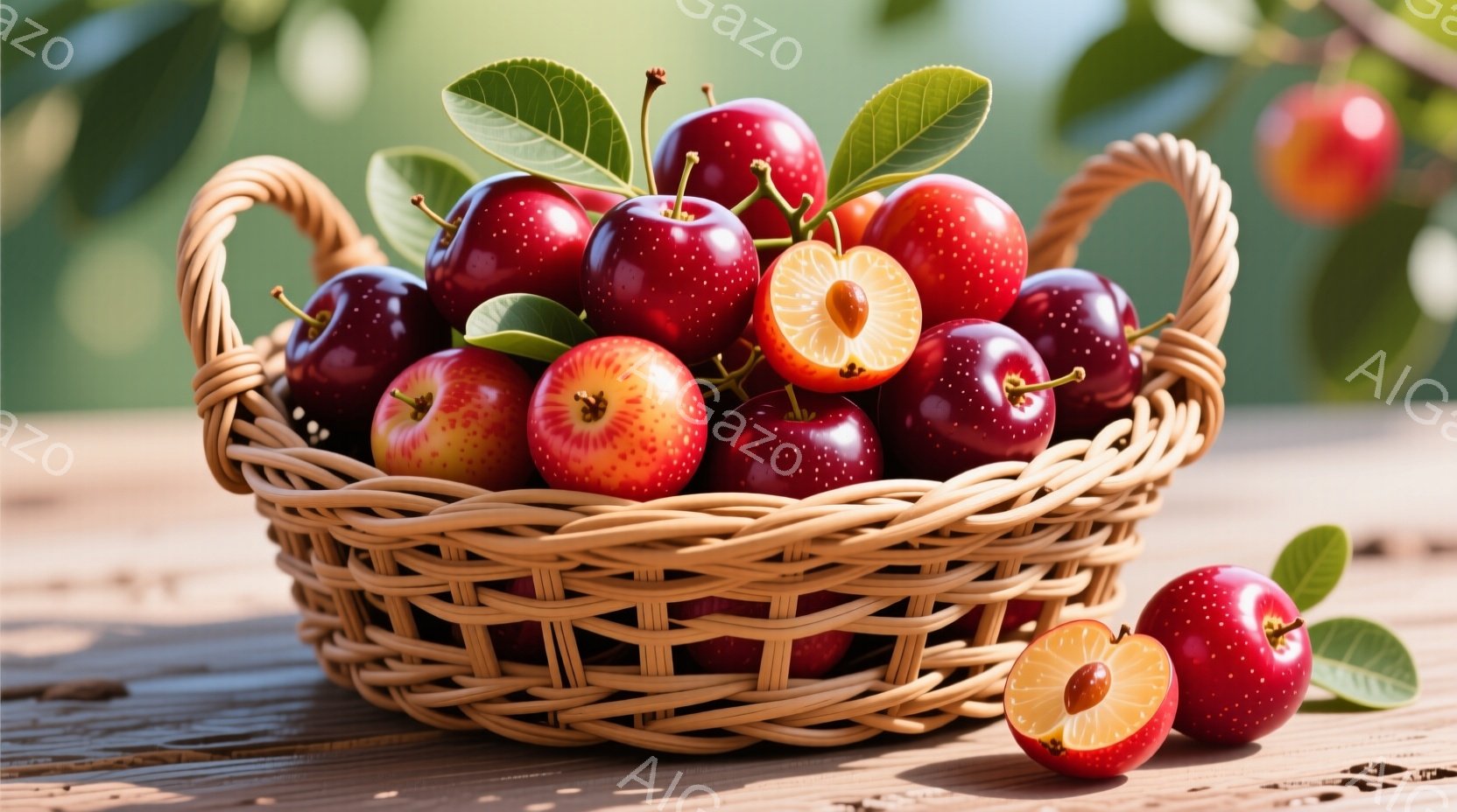 籠には、深紅色から明るい赤色の様々な種類の桜桃がたっぷり詰まっています。その中には、半分に切られて種が見える桜桃もあり、新鮮さと美味しさを強調しています。背景は木製のテーブルと、ぼやけた緑色の自然で、 - AI生成フリー素材