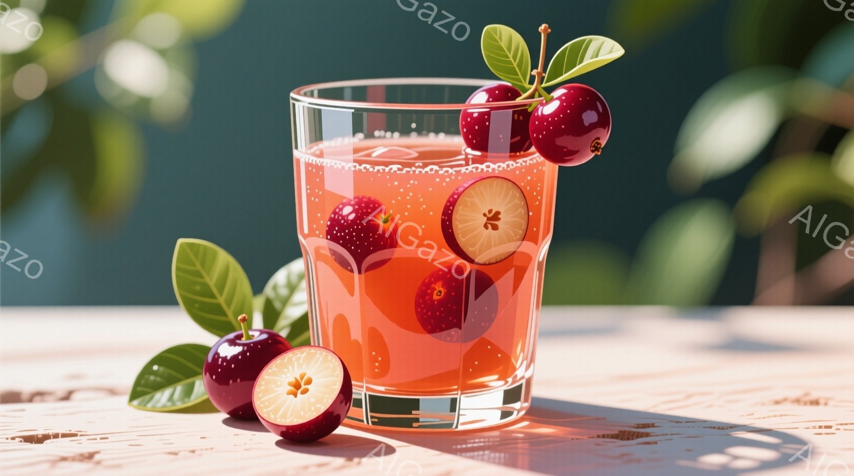鮮やかな赤いチェリーがたっぷり入ったグラスのジュースが、木製のテーブルの上に置かれています。チェリーはそのままのものと半分に切られたものが混ざっており、鮮やかな緑の葉が添えられています。背景はぼやけた緑で、日当たりの良い屋外で爽やかな雰囲気を醸し出しています。