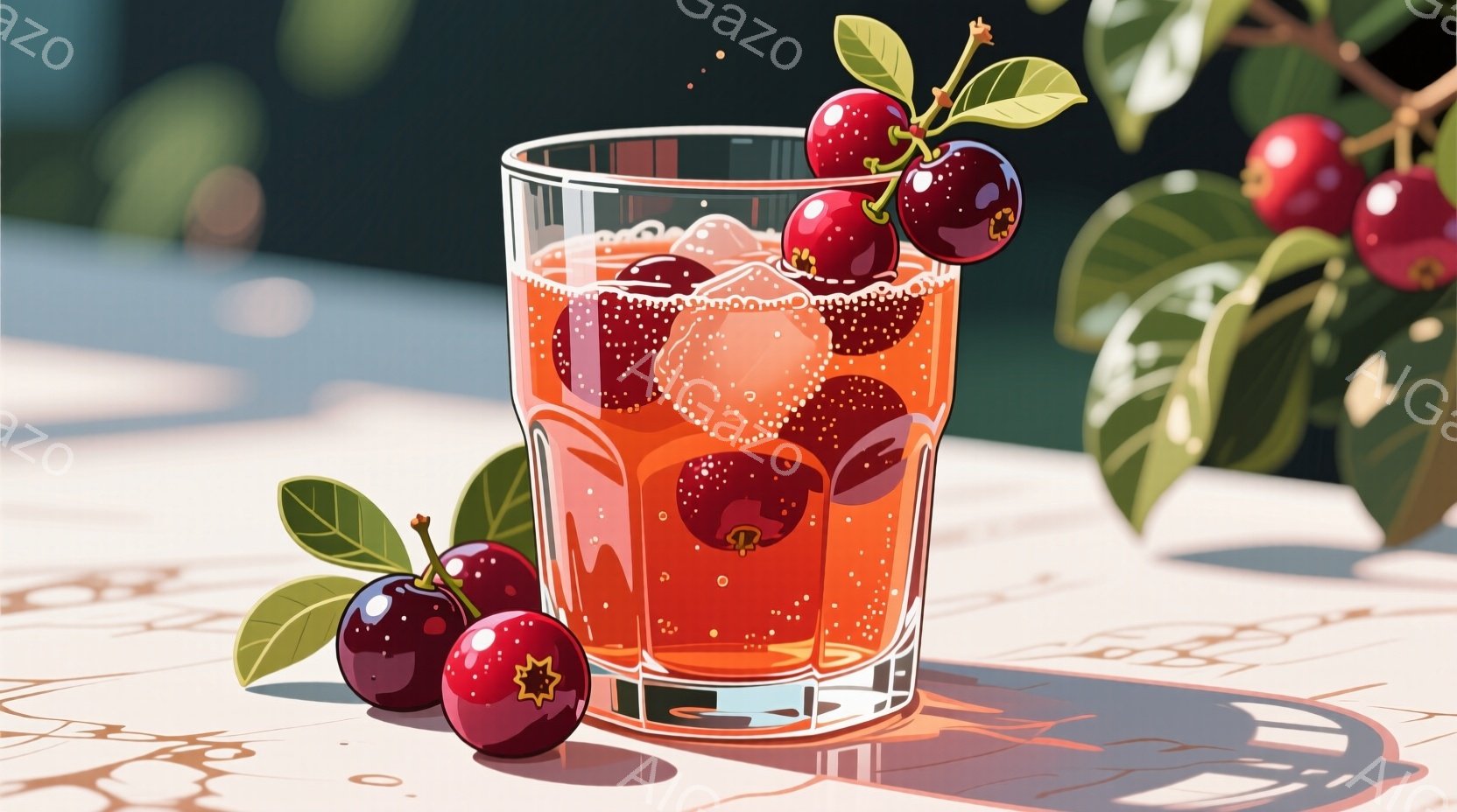 赤いチェリーが数個入った炭酸飲料が入ったグラスを捉えています。グラスはテーブルの上にあり、強い日差しが当たって影が伸びています。背景には緑の葉が見え、明るく爽やかな夏の雰囲気が漂います。 - AI生成フリー素材