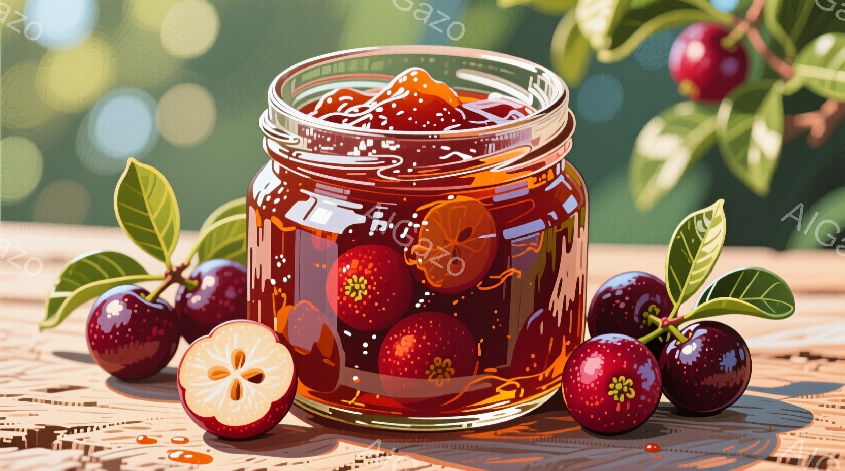 鮮やかな赤い実がぎっしりと詰まったガラス瓶が、木製のテーブルの上に置かれています。瓶の周りには、葉と実がついた赤い果実や、半分に切られた果実が散りばめられ、全体的に豊穣な秋の雰囲気を醸し出しています。背景はぼやけた緑色で、自然の中で作られたジャムやコンポートを連想させます。