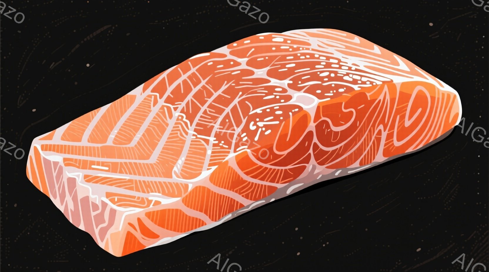 鮮やかなオレンジ色の鮭の切り身が、黒い背景に浮かび上がっています。内部には、白く繊細な線が網目状に走り、鮭の肉質を表現しています。立体感があり、まるで絵画のような表現で、食欲をそそる一品に見えます。