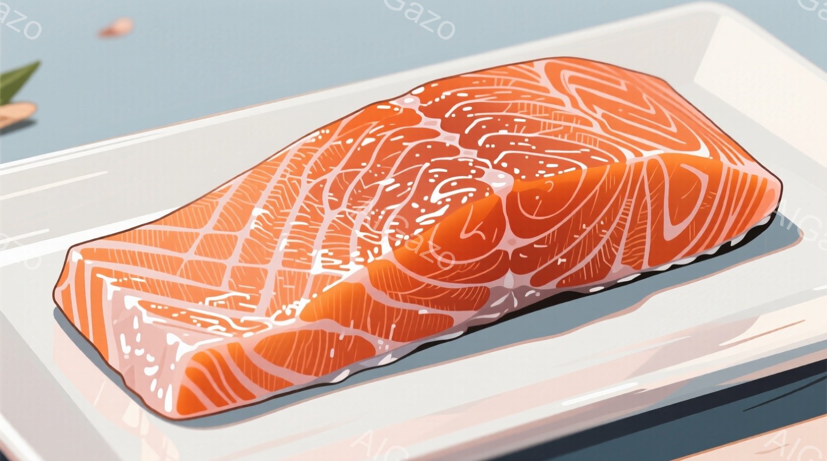 鮮やかなオレンジ色の鮭の切り身が、白い皿の上に置かれています。鮭の表面には、美しいサシが入り、新鮮さを強調しています。背景は淡い青色で、まるで水面を思わせるような、クールで清潔感のある雰囲気です。