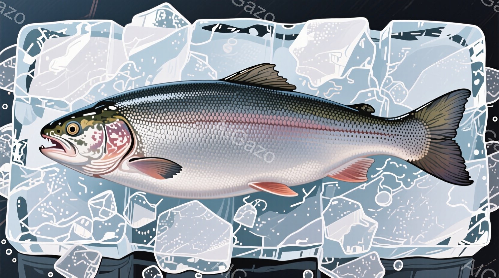 鮮やかな色彩のマスが、砕けた氷の中に浮かんでいる様子が描かれています。魚体は銀色を基調とし、頭部から体側にかけて虹色の美しい模様が広がっています。背景は暗く、氷の冷たさを強調し、魚の鮮やかさを際立たせ - AI生成フリー素材