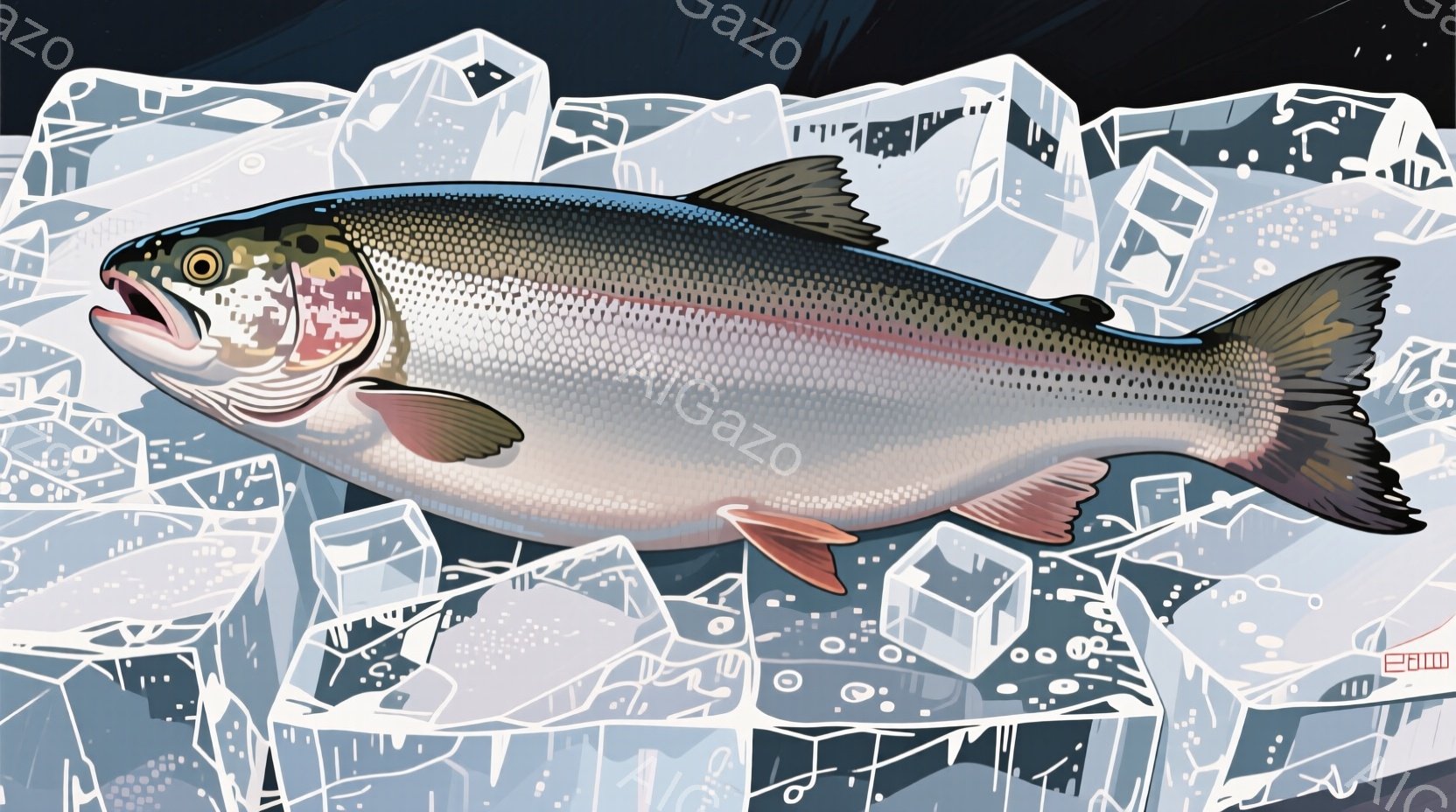 虹色の模様を持つ大きな鱒が描かれています。鱒は左を向き、口を開けており、鮮やかな色彩が特徴的です。背景には氷の破片が散りばめられており、冷たく幻想的な雰囲気を醸し出しています。