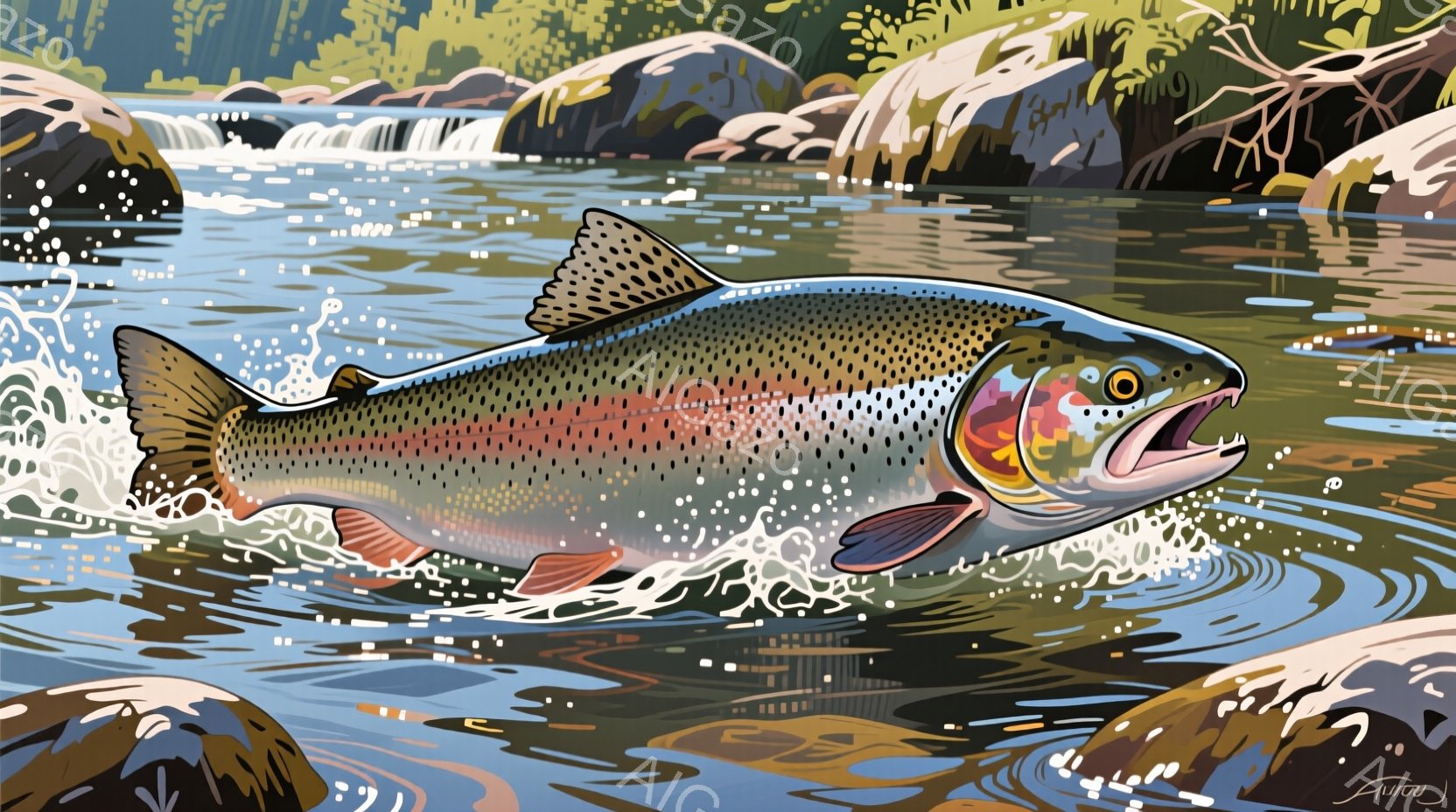 虹色の模様が美しい大型のマスが、水面から飛び跳ねる瞬間を捉えたイラストレーションです。周囲には、岩や水流、そして緑豊かな自然が描かれており、躍動感と爽やかさを感じさせます。水しぶきが広がり、マスの力強い躍動と生き生きとした生命力を表現しています。