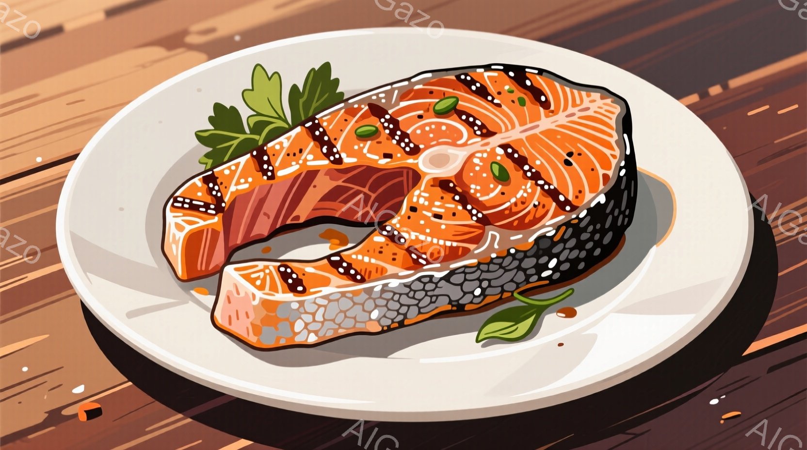焼けた鮭の切り身が白い皿に乗せられています。鮭の表面には焼き目がつき、緑色のハーブが添えられています。背景は木製のテーブルで、料理が美味しそうに見えるように照明が当てられています。 - AI生成フリー素材