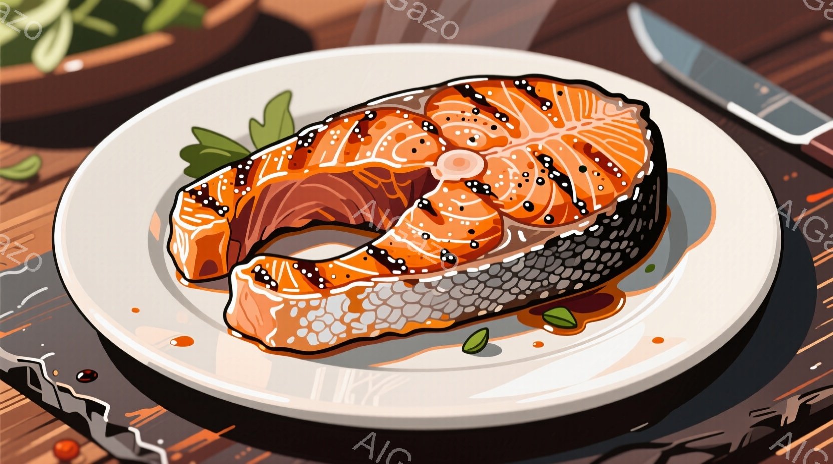 焼き鮭が白い皿に盛り付けられ、緑色の葉と小さな赤い実で飾られています。皿は木製のテーブルの上に置かれており、背景にはぼやけた赤い色の装飾が見えます。全体的に、食欲をそそる暖かく美味しそうな雰囲気です。