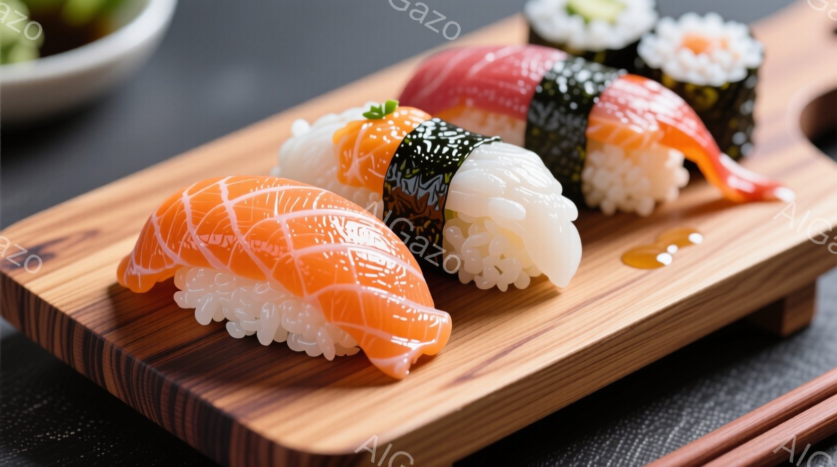 鮮やかな寿司の盛り合わせが、木製の長方形の皿に美しく並べられています。サーモン、エビ、巻き寿司など、様々な種類の寿司が、シャリとネタのコントラストが際立って見えます。背景には、使用済みの箸と小さなソー - AI生成フリー素材