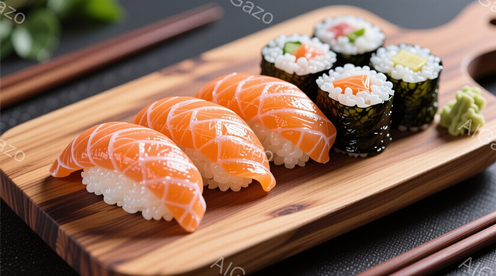 鮮やかなオレンジ色の鮭の握り寿司が3つ、海苔で巻かれた細長い巻き寿司がいくつか、木製の皿に並べられています。 皿の横には、緑色のわさびが添えられ、背景には茶色の箸が見えます。 全体的に、シンプルで食欲 - AI生成フリー素材