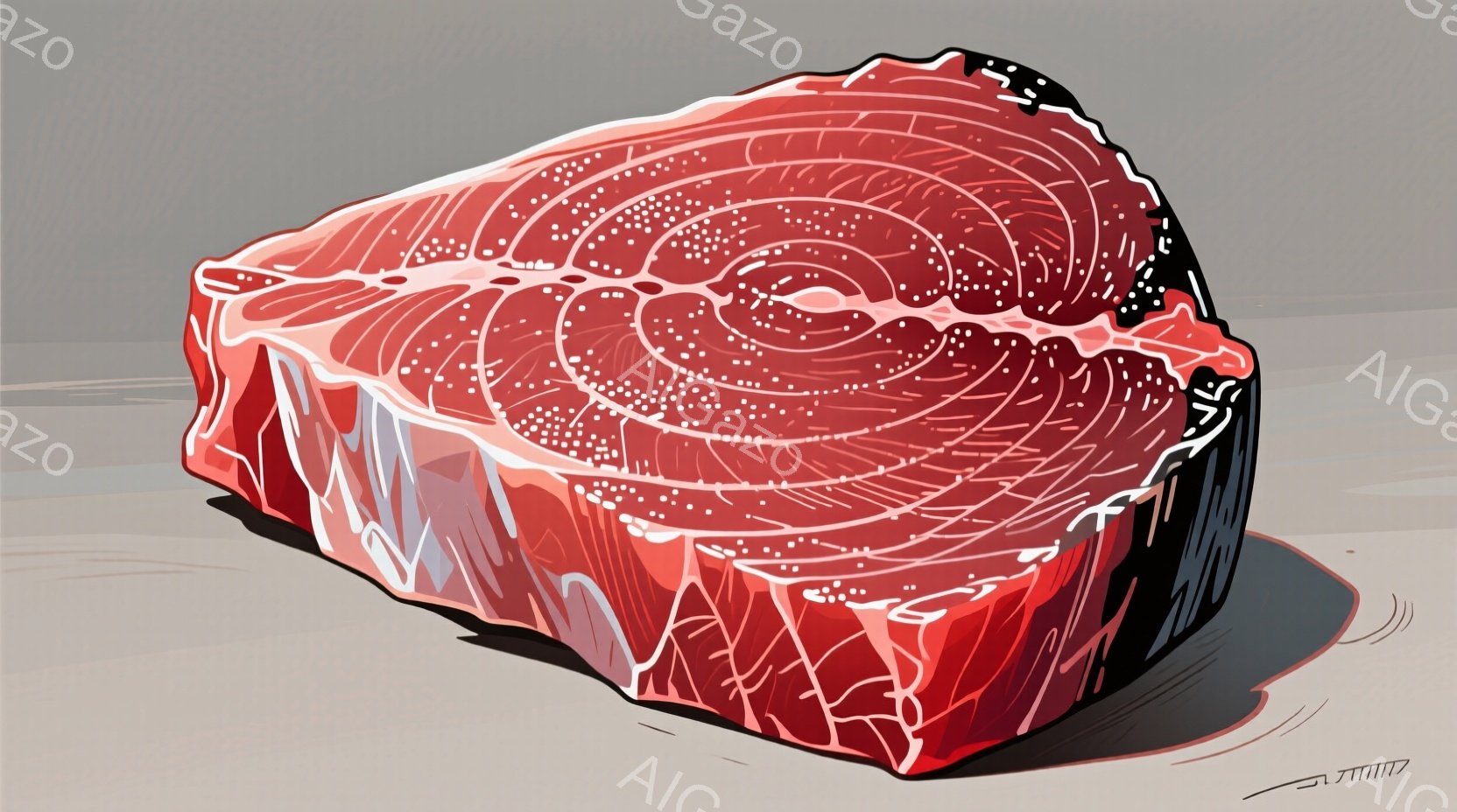 これはマグロの切り身のイラストです。鮮やかな赤色が特徴で、繊維の模様が詳細に描かれています。背景は薄いグレーで、マグロの切り身が際立っています。 - AI生成フリー素材