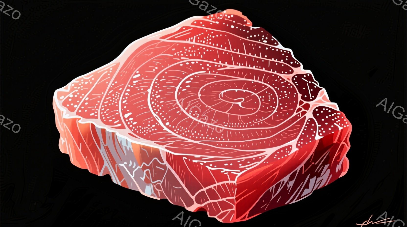 鮮やかな赤色のマグロの断面が描かれています。内部の美しい模様が特徴的で、まるで芸術作品のような仕上がりです。黒色の背景がマグロの色を引き立て、高級感と食欲をそそる雰囲気を醸し出しています。