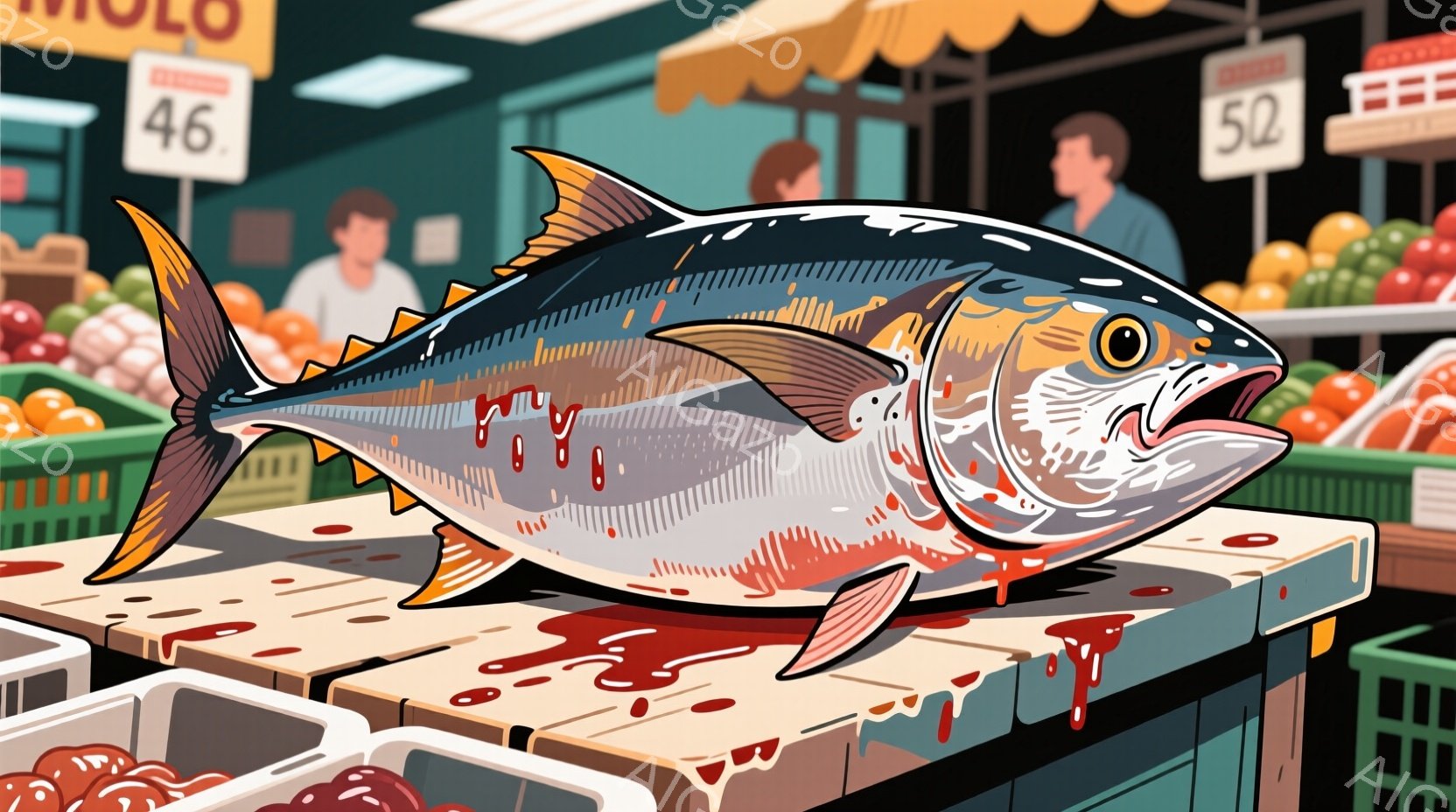 鮮やかな青色のマグロが、赤い血痕のついた台の上に横たわっています。背景には、様々な色の野菜や果物が並んだ市場の様子が描かれており、人物もわずかに見えますが、焦点はマグロに当てられています。全体的に活気のある市場の雰囲気が伝わってきますが、マグロの鮮血が少し緊張感を与えています。