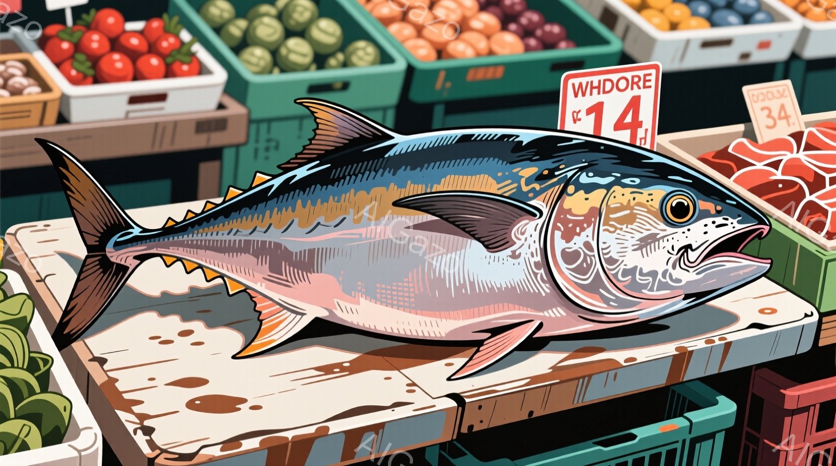 鮮やかな青色のマグロが、木製のテーブルの上に横たわっています。背景には、カラフルな野菜や果物が積まれた箱が並び、活気のある市場の様子が伺えます。マグロの鮮度と市場の賑わいが伝わる、躍動感のある一枚です。