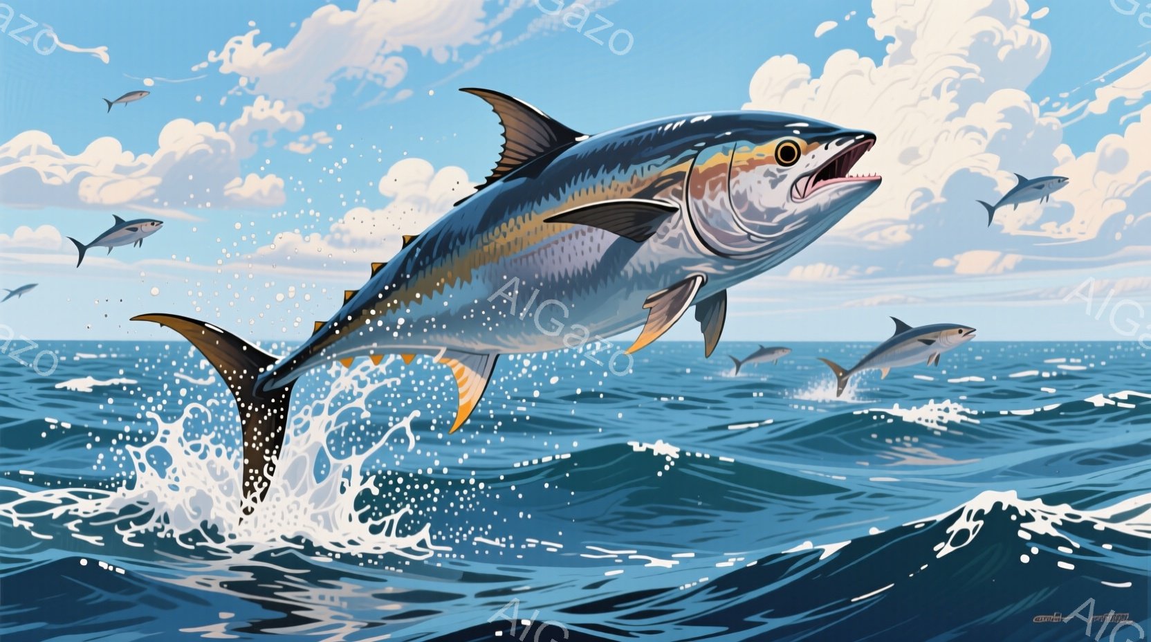 鮮やかな青色の海面から飛び跳ねるマグロが複数描かれています。波しぶきを上げながら躍動感あふれる姿で、それぞれ異なる方向へ飛び込んでいます。背景には穏やかな青空と白い雲が広がり、爽やかで活気のある海洋の - AI生成フリー素材