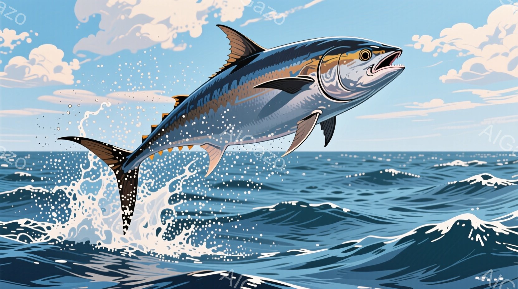 鮮やかな青色の海中を、大きなマグロが力強く跳躍している様子が描かれています。マグロの体には美しい模様があり、その躍動感あふれる姿はまるで生きているかのようです。背景には穏やかな波が広がり、空には白い雲が浮かび、爽やかでダイナミックな雰囲気を醸し出しています。