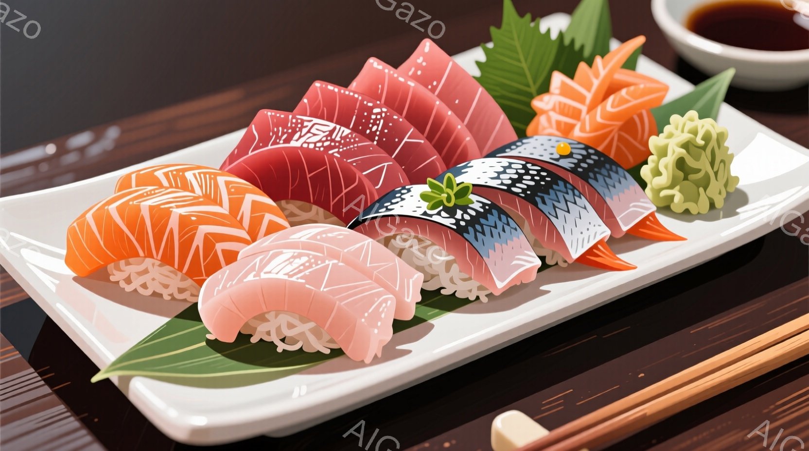 白い長方形の皿に、様々な種類の刺身が美しく盛り付けられています。サーモン、マグロ、イカ、エビなど、色鮮やかな魚介類が、緑色の葉や大根の彫刻と共に、醤油とわさびの添え物と共に配置されています。背景は暗い - AI生成フリー素材