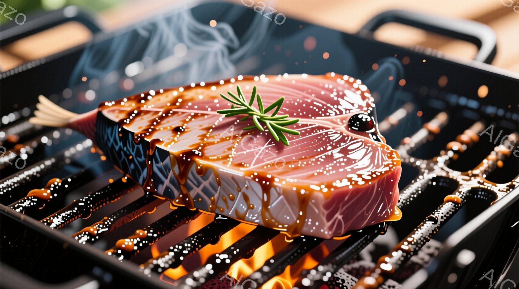 網の上で焼かれている大きな肉塊が写っている。照り焼きソースのようなものが肉に塗られており、緑色のハーブが添えられている。炎と煙が肉の周りに立ち込め、調理の熱気と食欲をそそる雰囲気が漂っている。