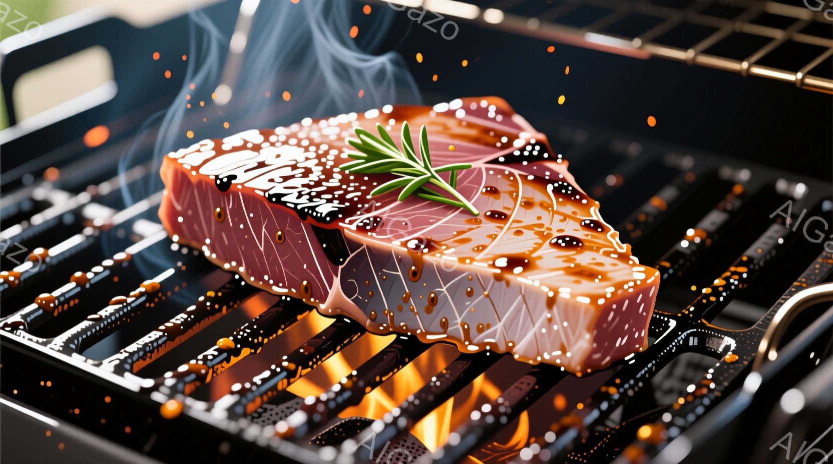 厚切りのステーキがグリル網の上で焼かれており、表面には照り輝くソースが塗られています。鮮やかな炎と煙が立ち込め、ステーキの上にはフレッシュなローズマリーが添えられています。背景はグリル網のみで、全体的に食欲をそそる、力強い雰囲気が漂っています。