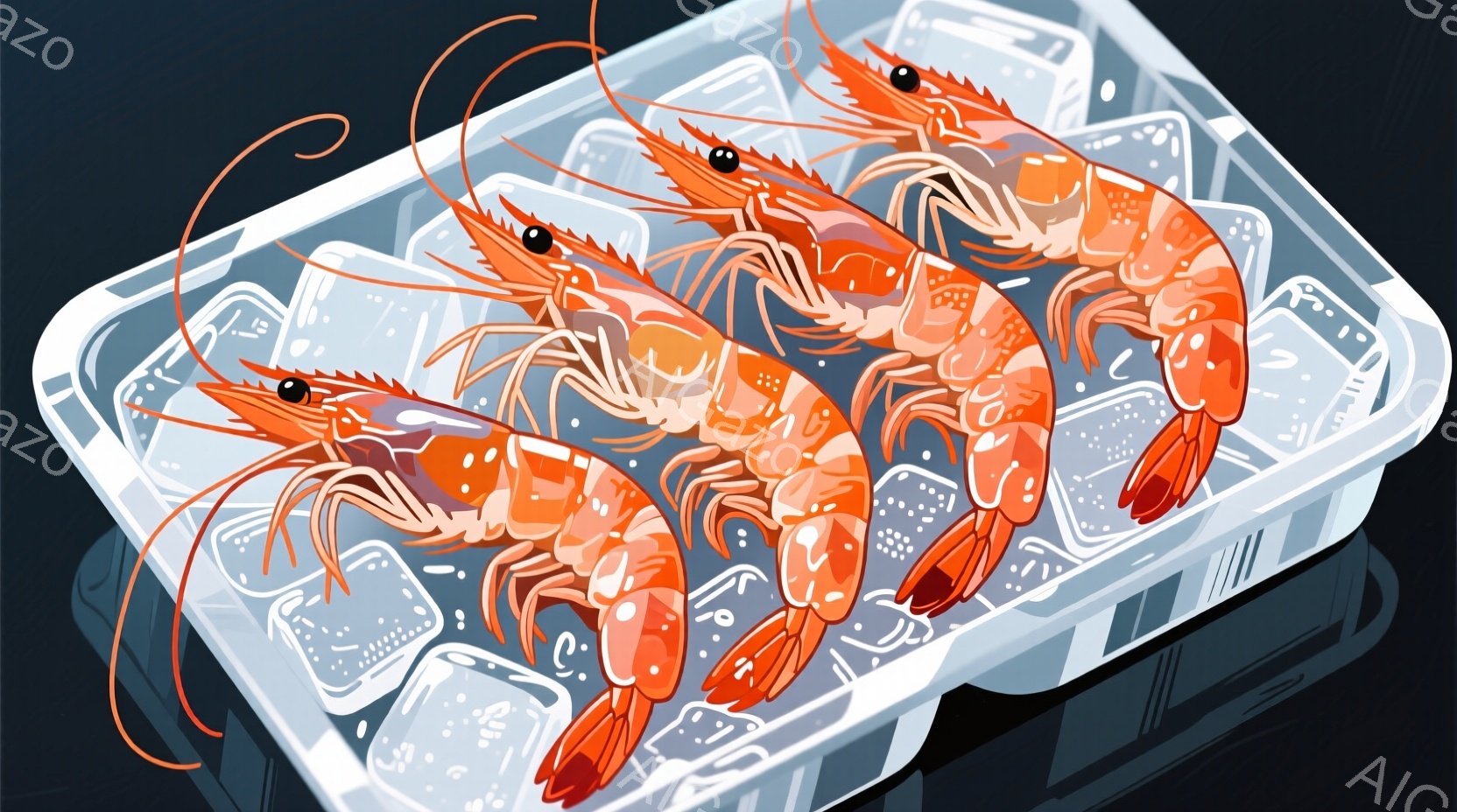 鮮やかなオレンジ色のエビが、透明なプラスチックのトレーの中に氷と共に並べられています。エビはそれぞれ曲がった姿勢で、殻の質感がリアルに表現されています。背景は暗く、トレーの光沢が際立っており、新鮮なエビの美味しさを強調するような雰囲気が漂っています。