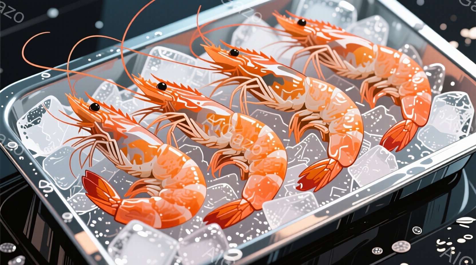 氷の上に並べられたエビが写っています。エビは鮮やかなオレンジ色で、殻の質感がリアルに表現されています。背景は暗く、氷とエビが際立って見え、新鮮さと涼しげな雰囲気が伝わってきます。