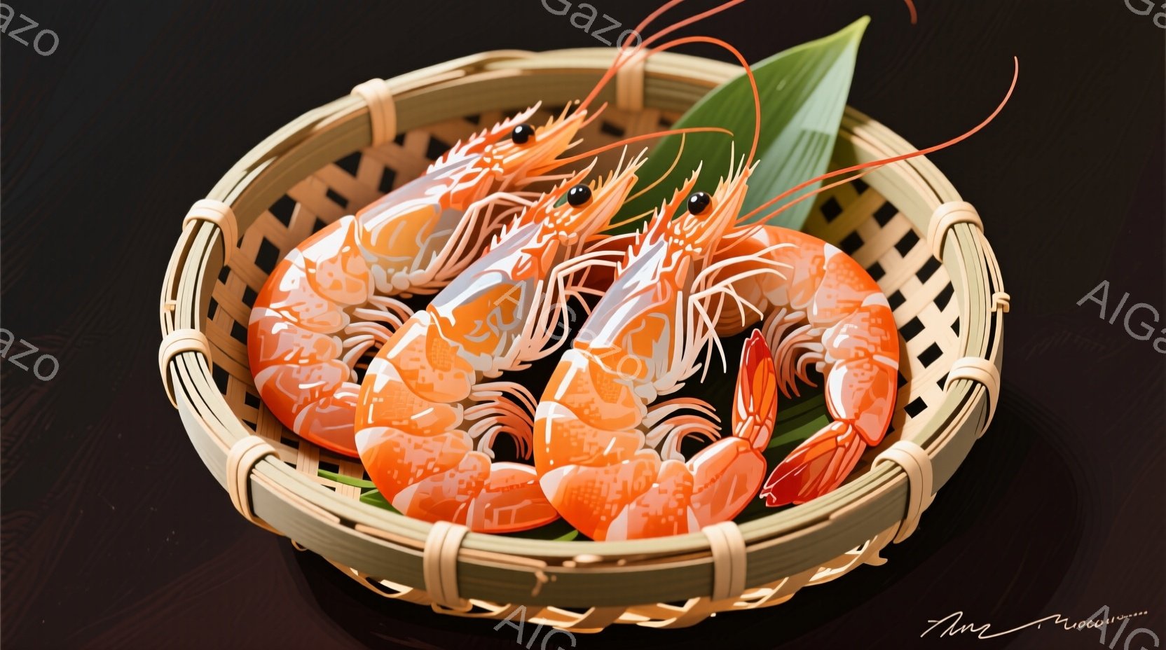 蒸し器の中に鮮やかなオレンジ色のエビが並べられています。エビは殻が光沢があり、ひげが長く伸びています。背景は暗い茶色で、わずかに竹の葉が見え、蒸し料理の繊細さと新鮮さを強調しています。