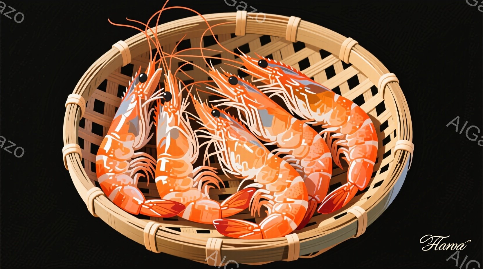 籠の中にエビがぎっしりと詰まっています。エビはピンク色とオレンジ色のグラデーションで描かれており、鮮やかで美味しそうです。背景は黒色で、エビと籠が際立っています。