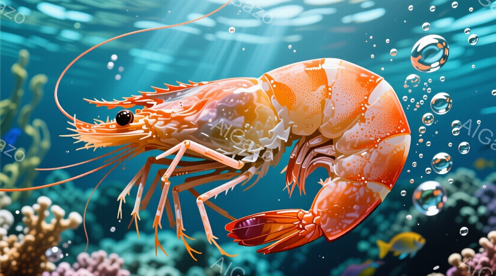 鮮やかなオレンジ色のエビが、青い海中を優雅に泳いでいる様子が描かれています。エビの体は複雑な模様で彩られ、ひげや足は細部まで丁寧に表現されています。背景には、カラフルな珊瑚礁や小さな魚が配置され、穏やかで幻想的な海中世界を表現しています。