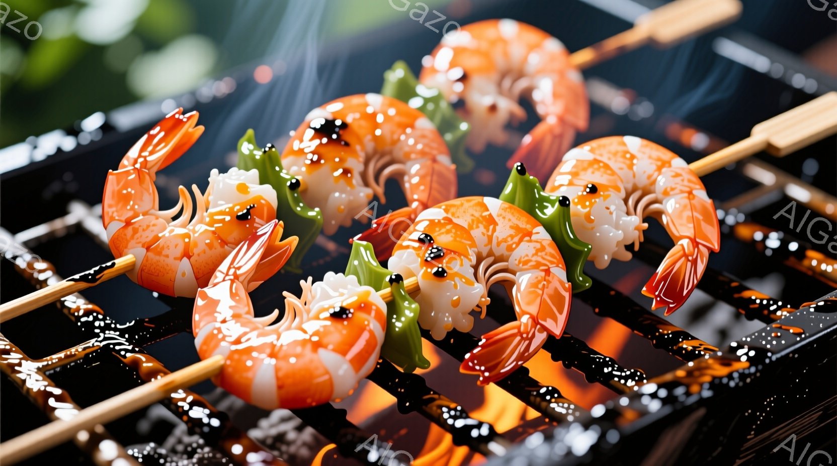 串に刺されたエビが数匹、赤く照り輝きながら炭火の上に並べられています。炎と煙が立ち上り、調理の熱気が伝わってきます。背景はぼやけていますが、グリルと炭火の熱気が、食欲をそそる雰囲気を作り出しています。
