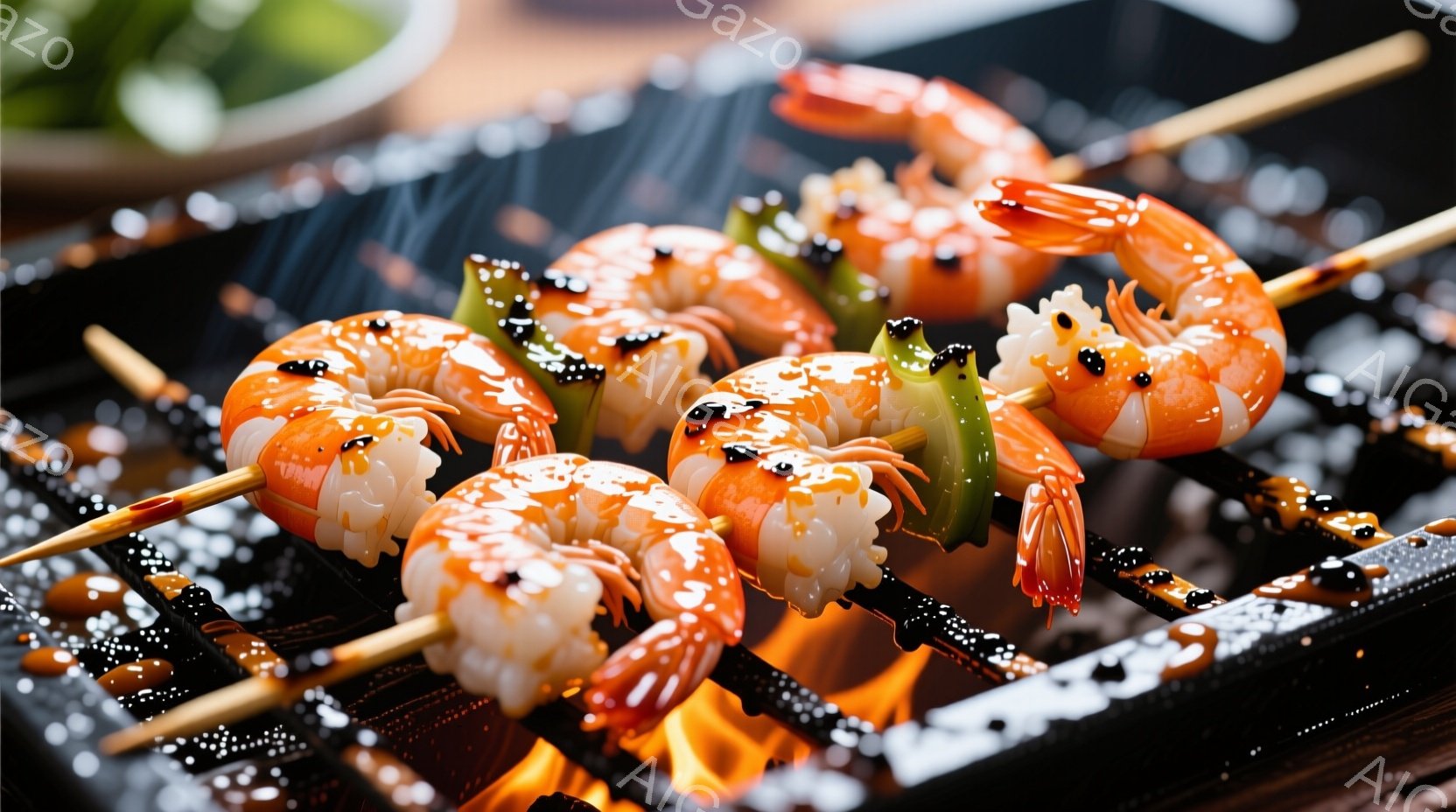 串に刺されたエビが炭火で焼かれている様子が写っている。エビは鮮やかなオレンジ色で、グリル網の上で火花を散らしながらジュージューと焼けている。背景は暗く、炭の熱と炎がエビを照らし出し、食欲をそそる雰囲気を作り出している。