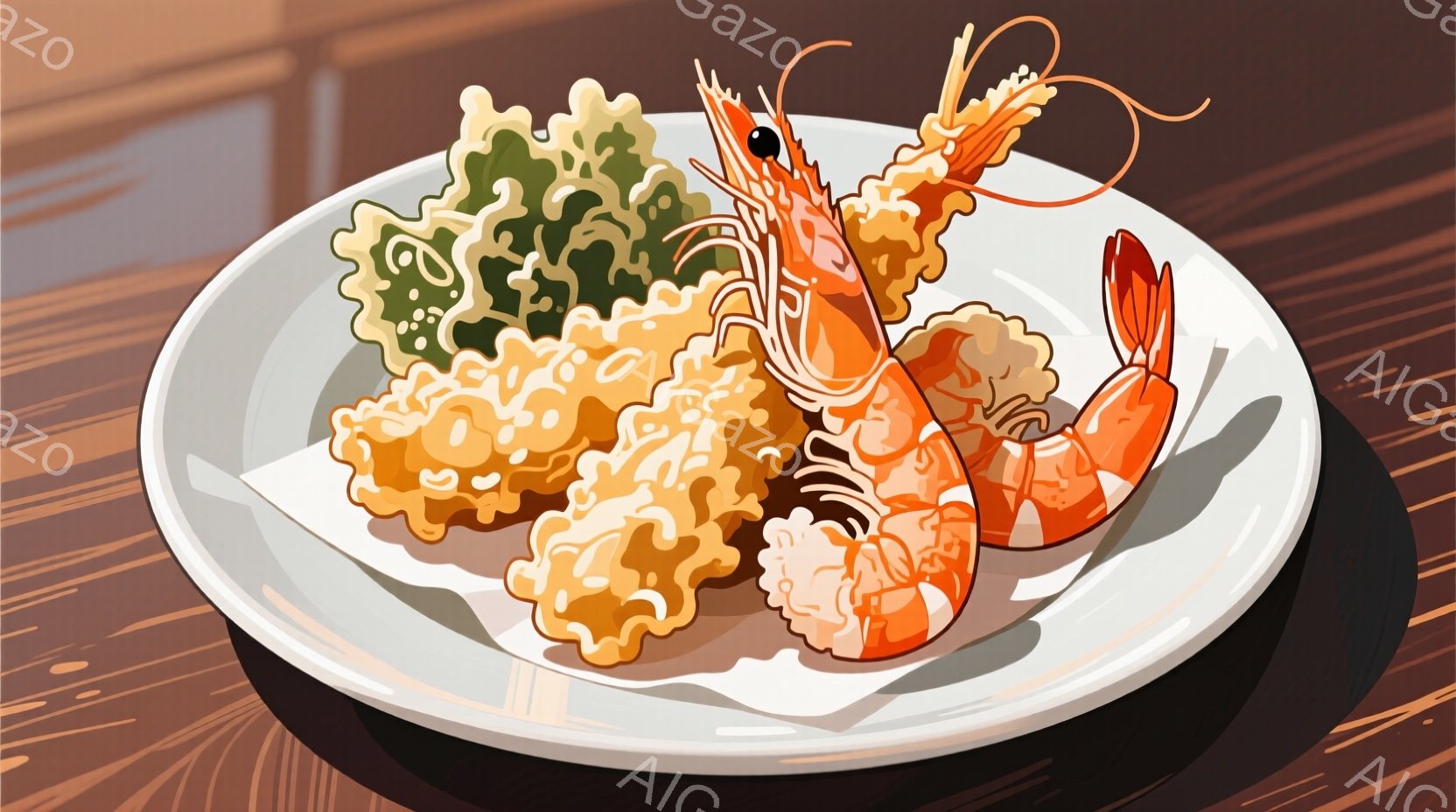 白い皿にエビフライが数本、緑色のキャベツの千切りと共に盛り付けられています。エビフライは黄金色でサクサクとした衣が特徴的で、尾の部分が赤く彩られています。背景は木目調のテーブルで、全体的に食欲をそそる温かい雰囲気です。