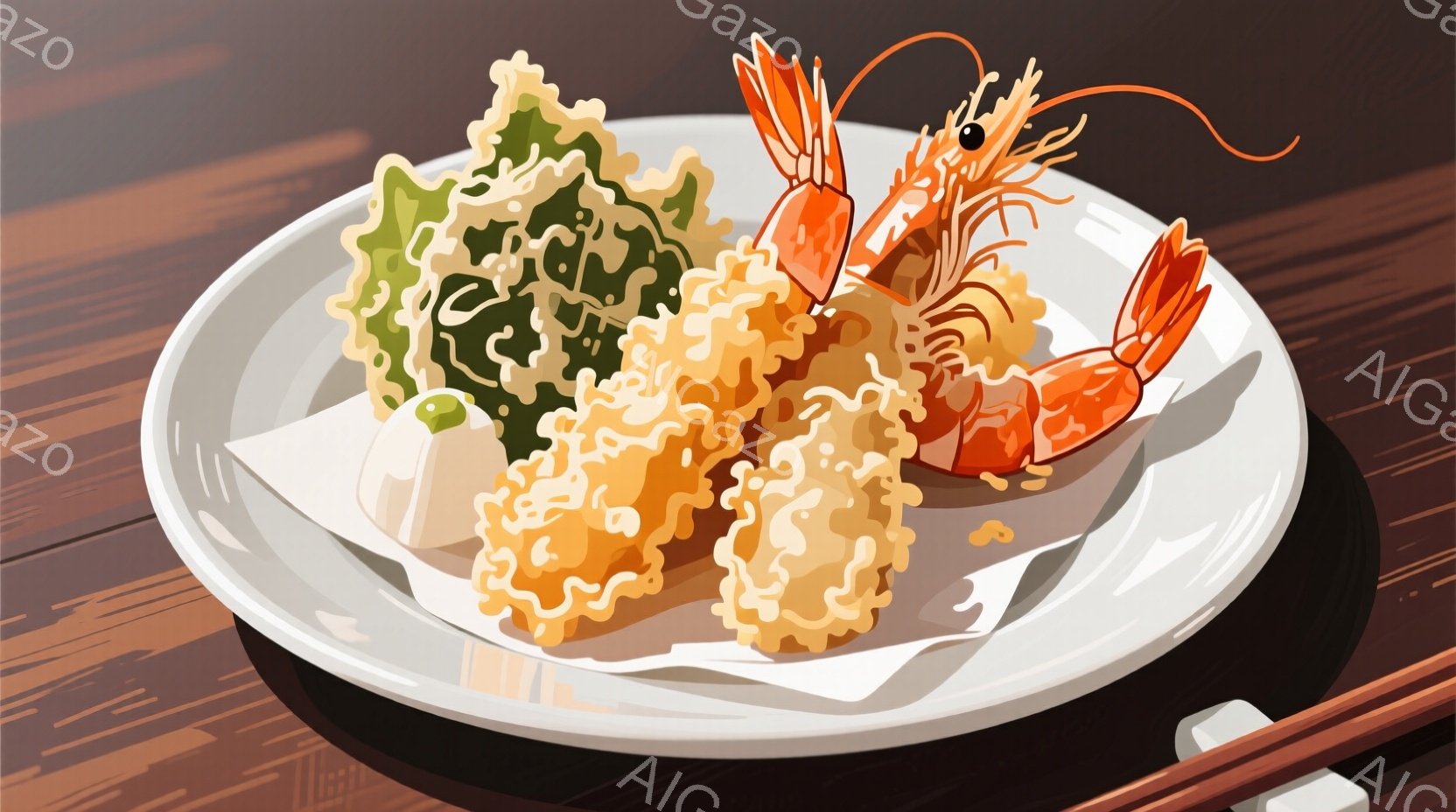 白い皿にエビフライ、天ぷら、そして緑色の葉野菜が盛り付けられています。背景は濃い木製のテーブルで、右下には箸の一部が見えます。料理は明るく、食欲をそそるような印象を与え、簡潔ながらも美味しそうな雰囲気 - AI生成フリー素材