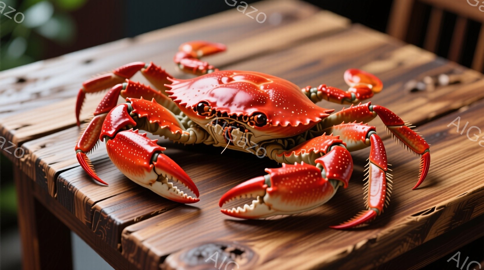 鮮やかな赤色のカニが、木製のテーブルの上にしっかりと立っています。その甲羅には複雑な模様があり、鋭い爪が特徴的です。背景にはぼやけた緑色の植物が見え、自然な雰囲気を醸し出しています。