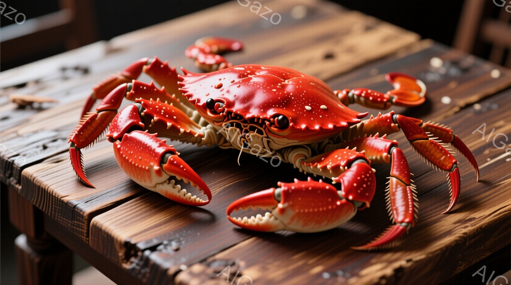 鮮やかな赤色のカニが、木製のテーブルの上に置かれています。カニはピンと伸びた足と大きなハサミを持ち、まるで獲物を狙っているかのような姿勢をしています。背景は暗く、テーブルの木目が見えることで、カニが際立っています。