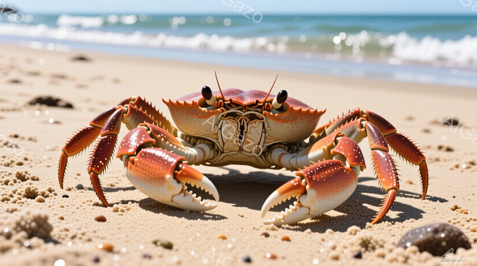 砂浜にオレンジと白の縞模様を持つカニが正面を向いて佇んでいます。そのカニは大きく発達したハサミを持ち、鋭い爪が特徴的です。背景には穏やかな海と青空が広がり、晴れた日の海岸の雰囲気が漂っています。 - AI生成フリー素材