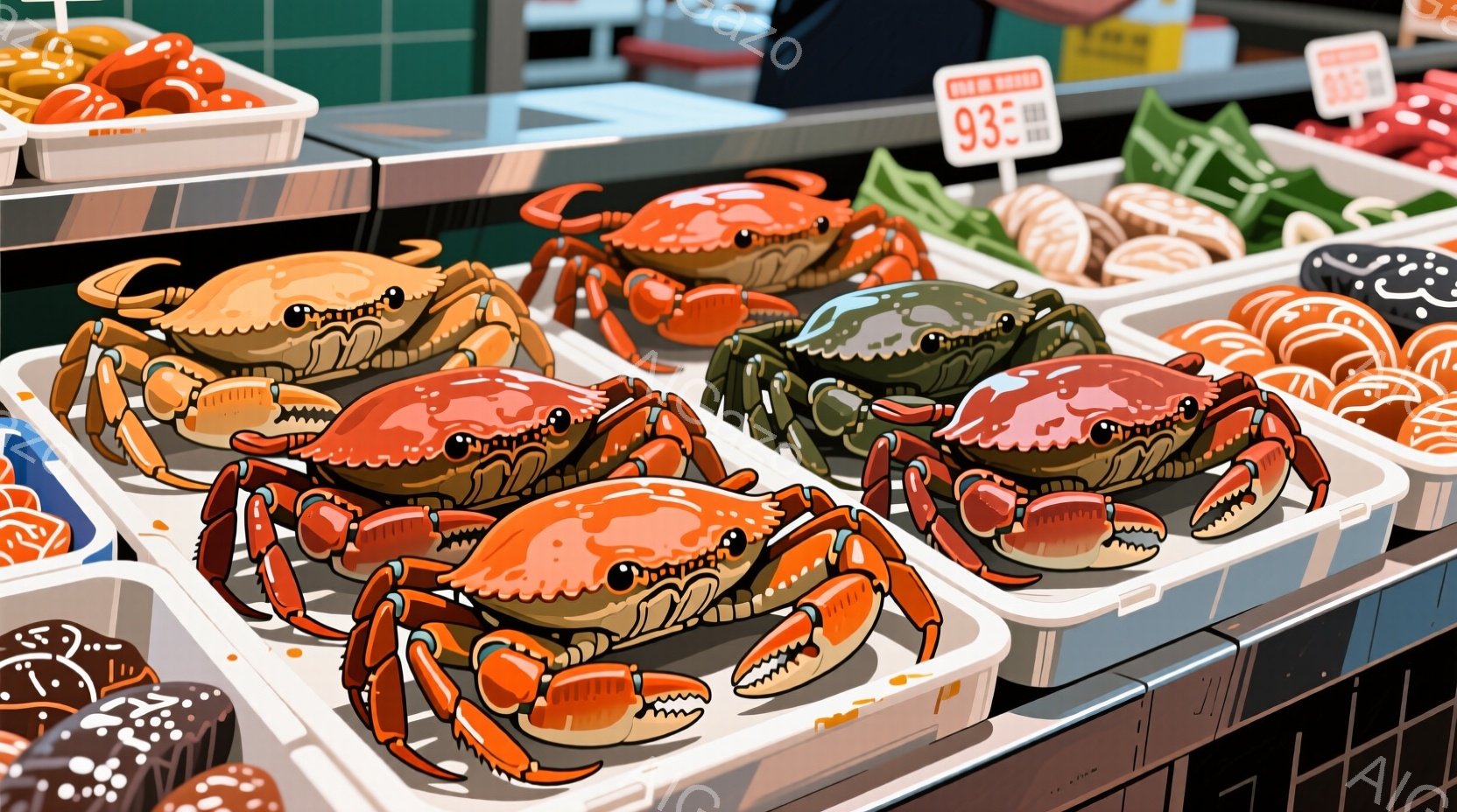 鮮やかな色のカニが整然とトレーに並べられています。カニはそれぞれ異なる色合いを持ち、まるでファッションショーに出演しているかのような面白い姿をしています。背景には海鮮料理が並び、市場やスーパーマーケットの一角を連想させます。