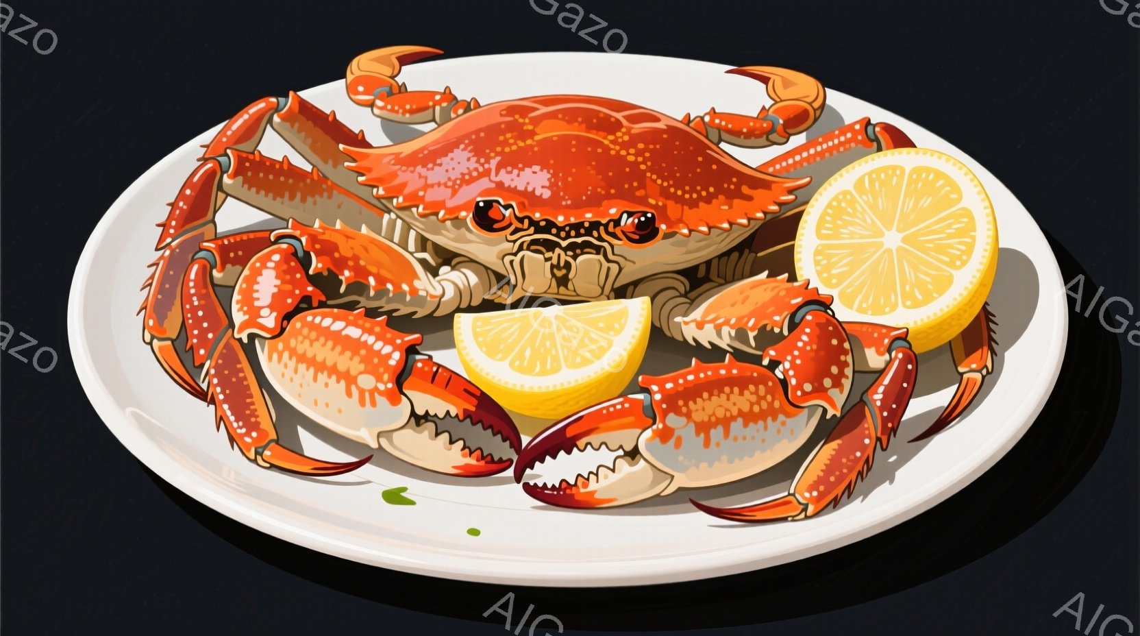 皿の上に、鮮やかな赤いカニが置かれています。カニは左右に足を広げ、中央にはレモンの切れ端が添えられています。背景は黒く、カニの鮮やかな色が際立っています。 - AI生成フリー素材